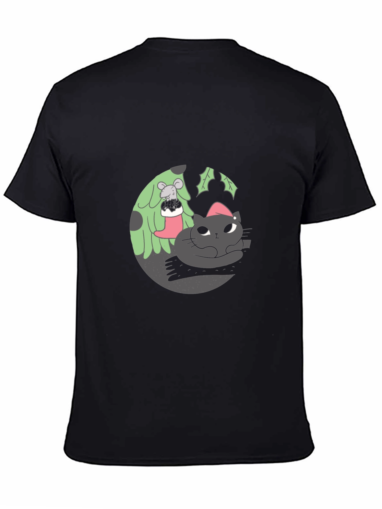Festive Cat & Mouse Graphic Black T-Shirt