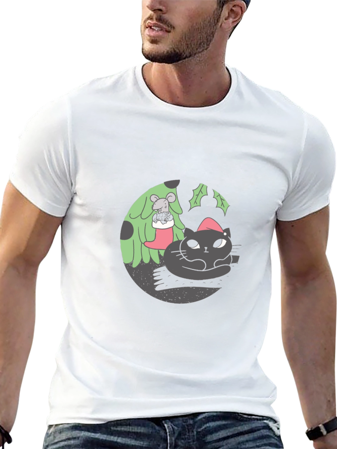 Festive Cat & Mouse Graphic Black T-Shirt