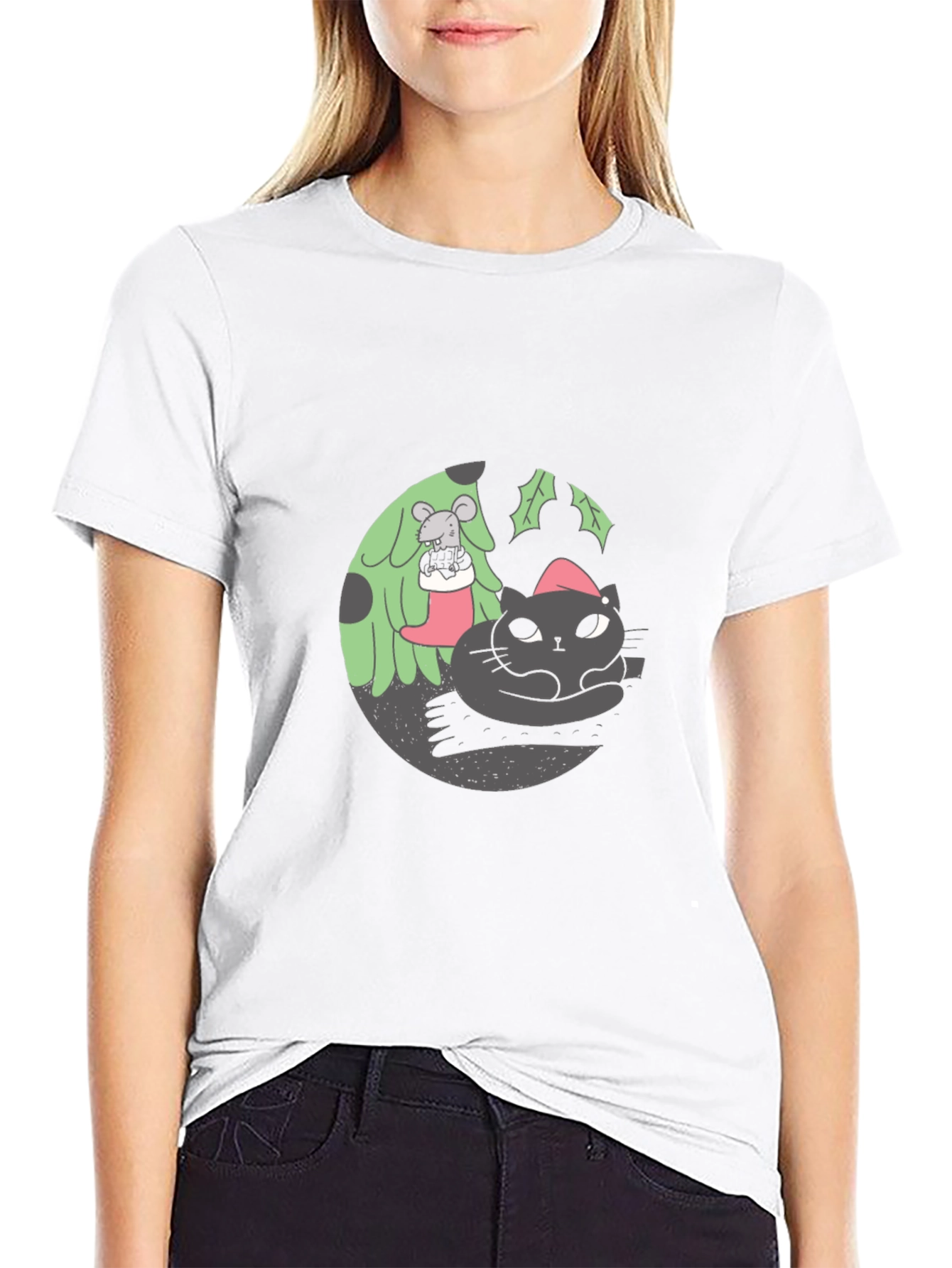 Festive Cat & Mouse Graphic Black T-Shirt