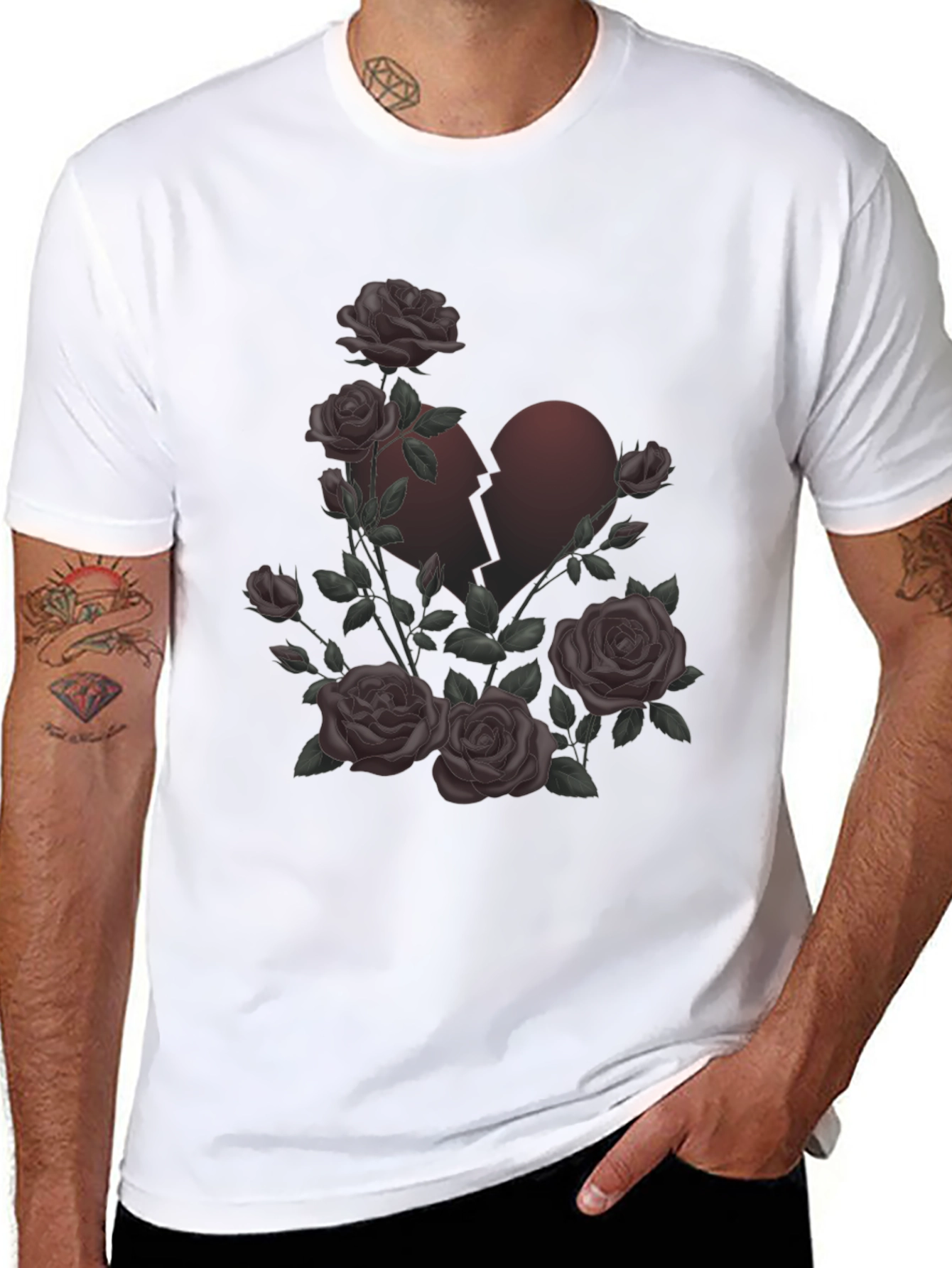 Rose Broken Heart Graphic Black T-Shirt