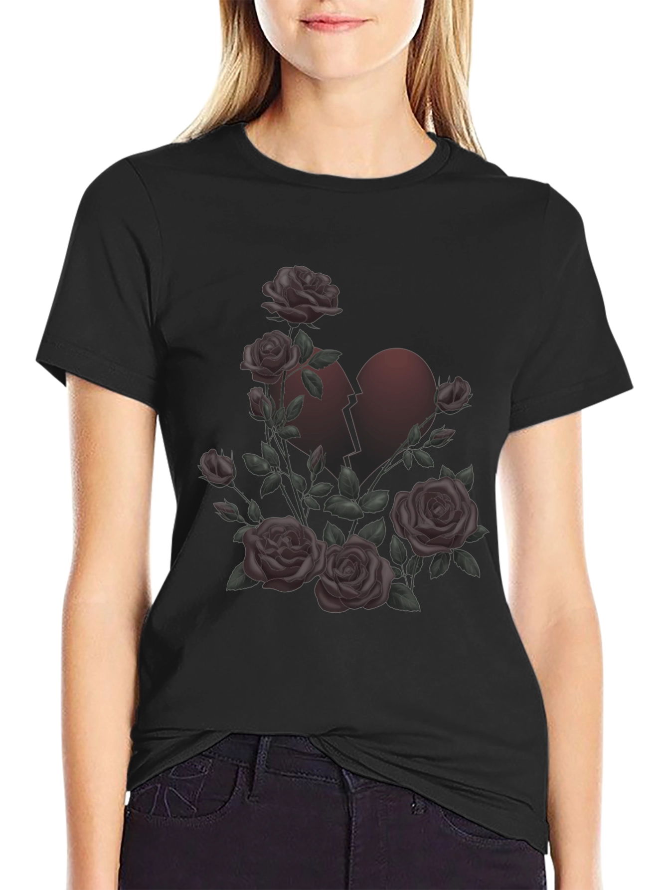 Rose Broken Heart Graphic Black T-Shirt