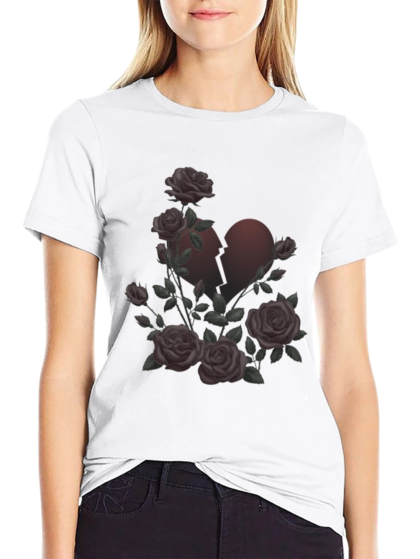 Rose Broken Heart Graphic Black T-Shirt