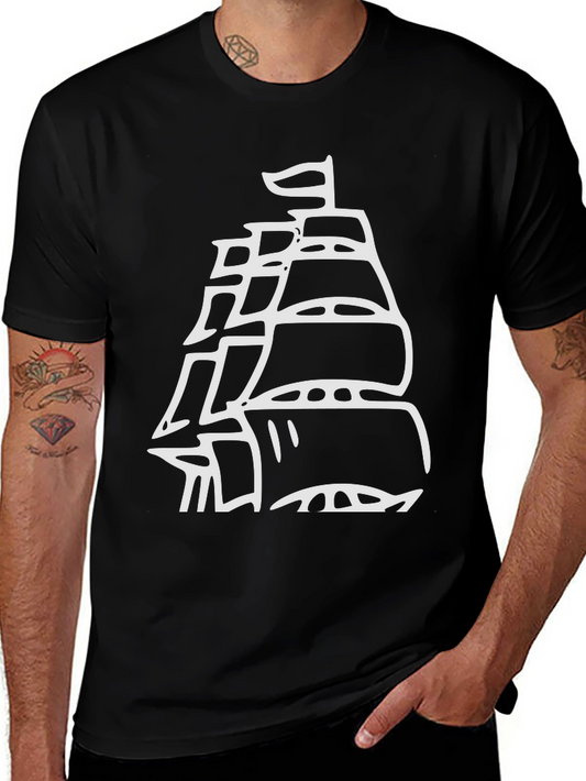 Black T-Shirt with White Ship Graphic