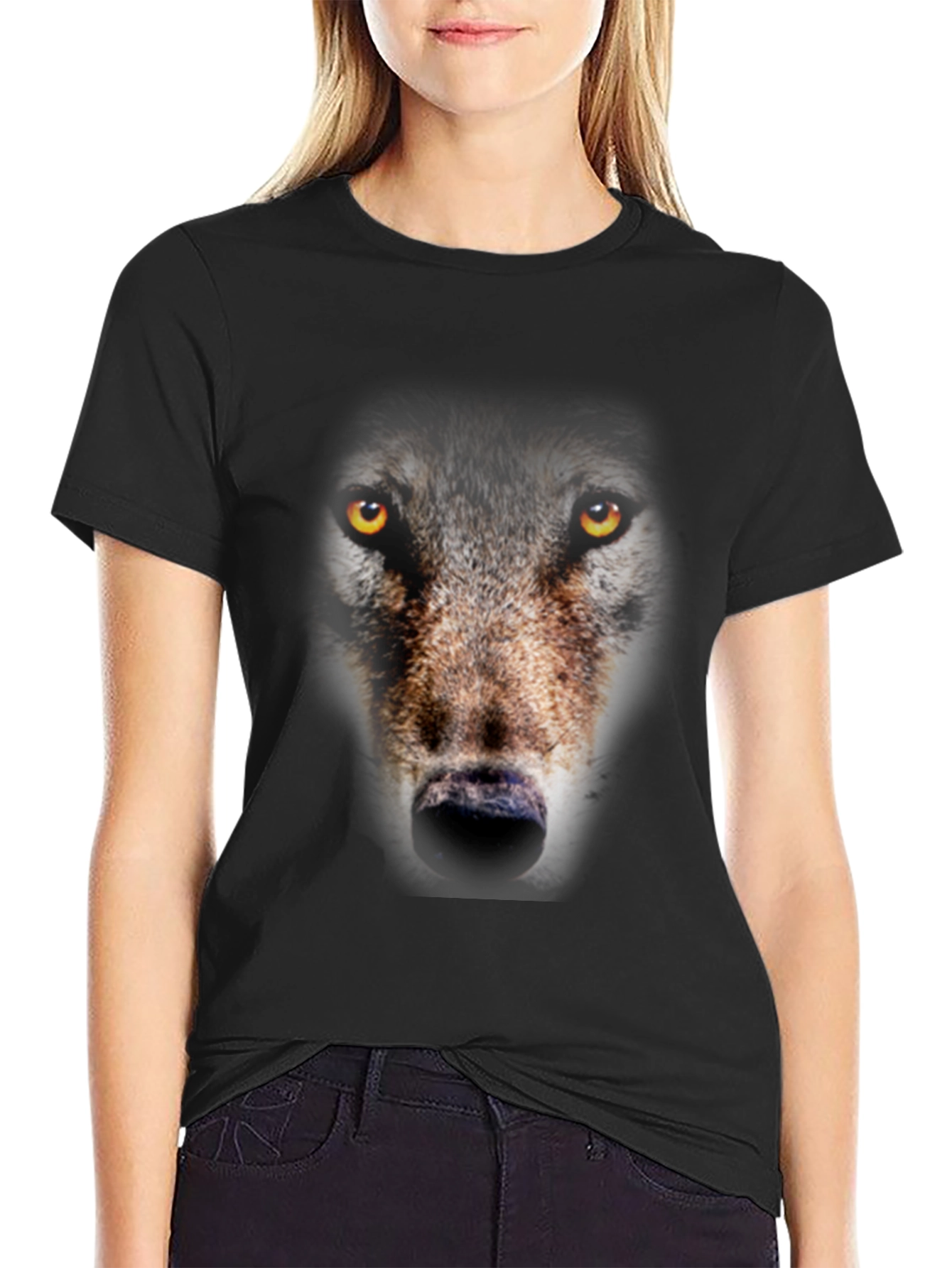 Wolf Face Graphic Print Black T-Shirt