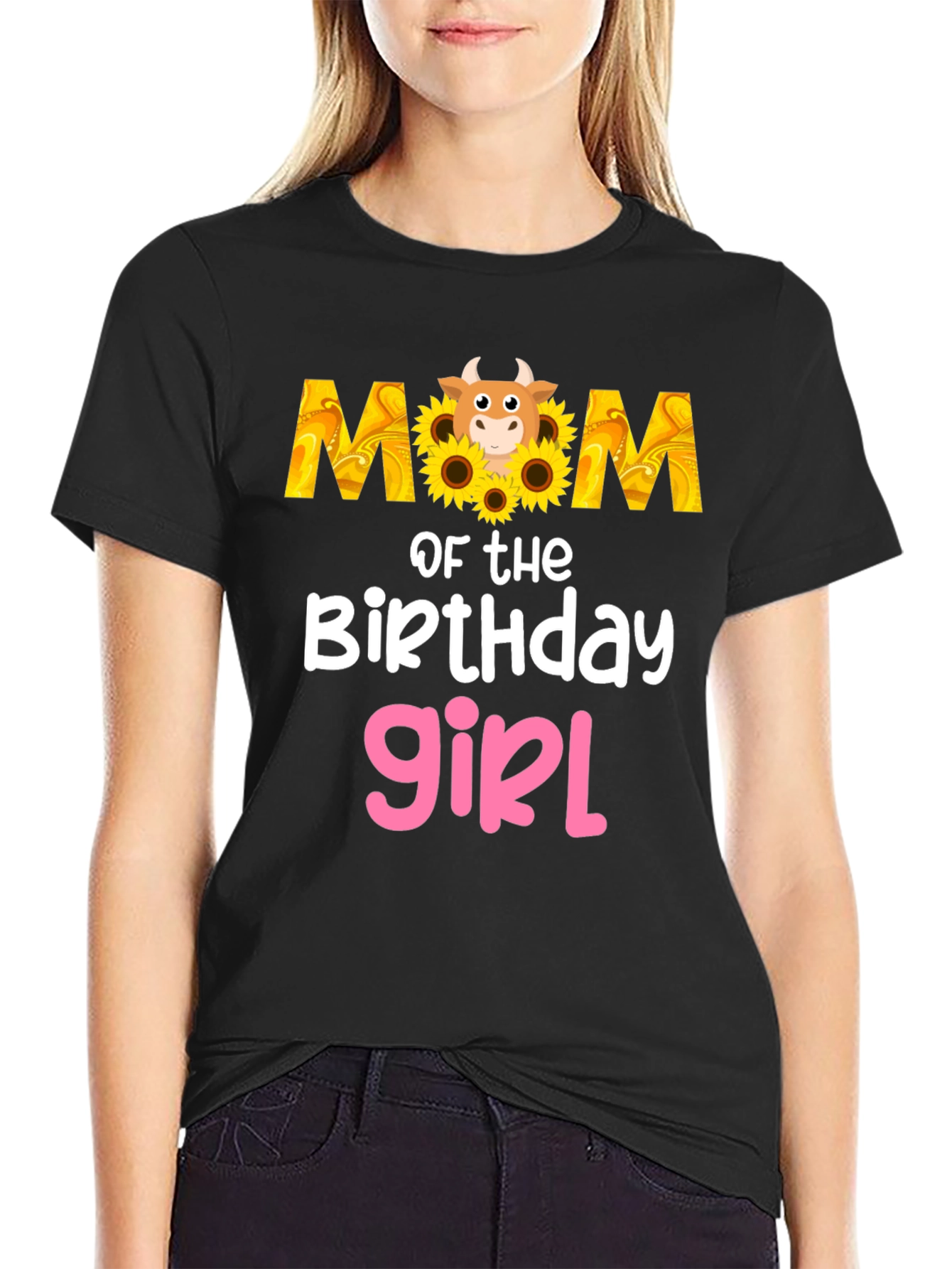 Mom of the Birthday Girl Sunflower Cow T-Shirt