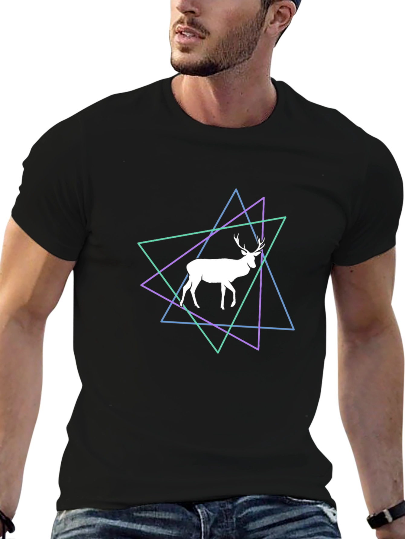 Geometric Deer Graphic Tee - Black