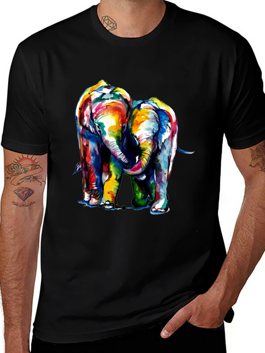Colorful Elephant Couple Graphic Tee - Black