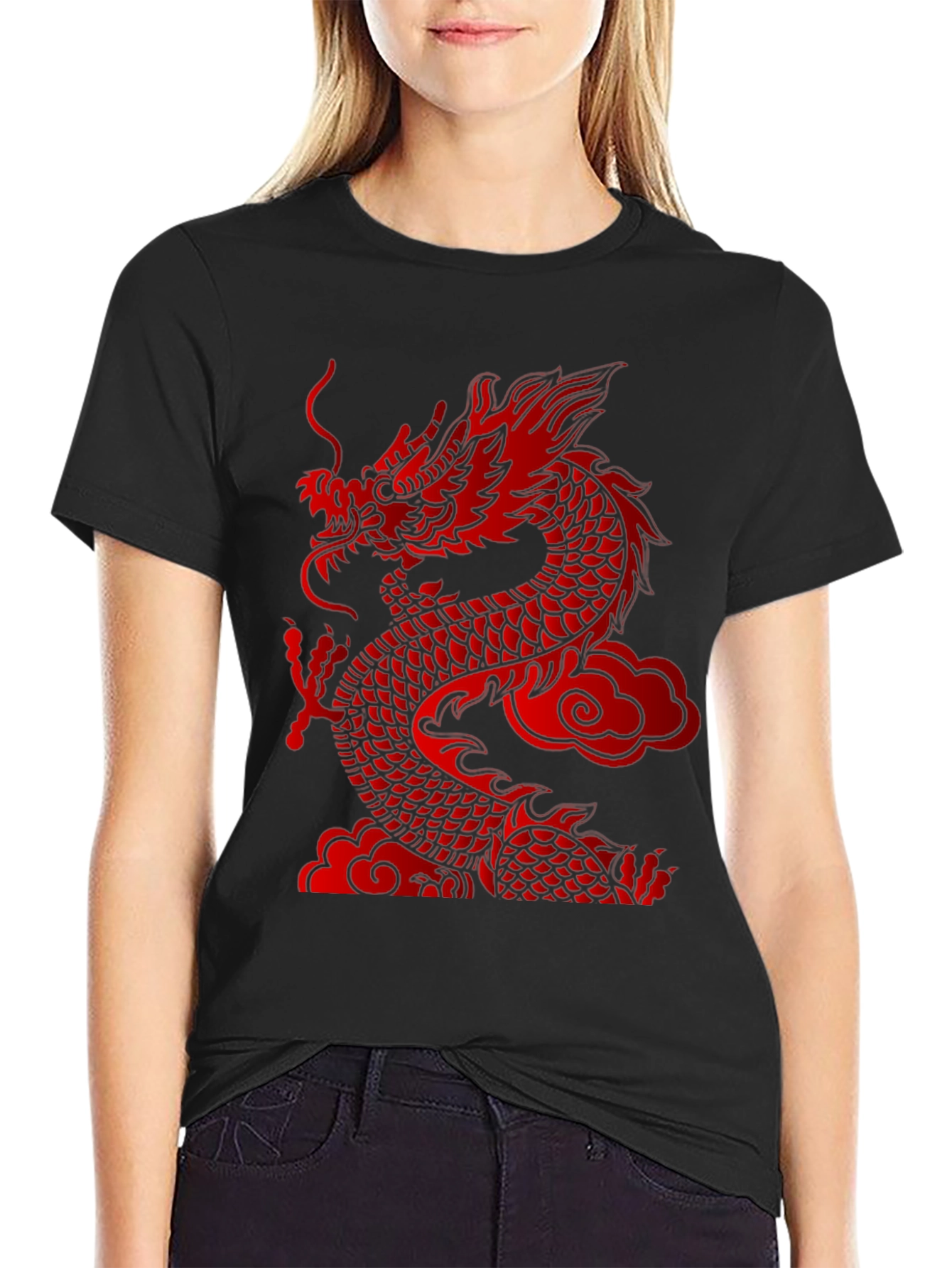 Bold Dragon Graphic Tee - Red Asian Dragon Print
