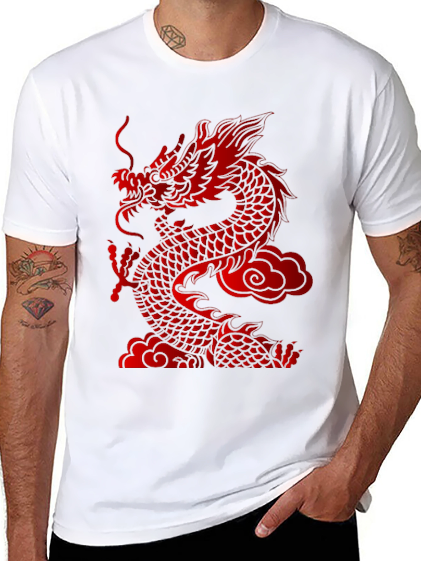 Bold Dragon Graphic Tee - Red Asian Dragon Print