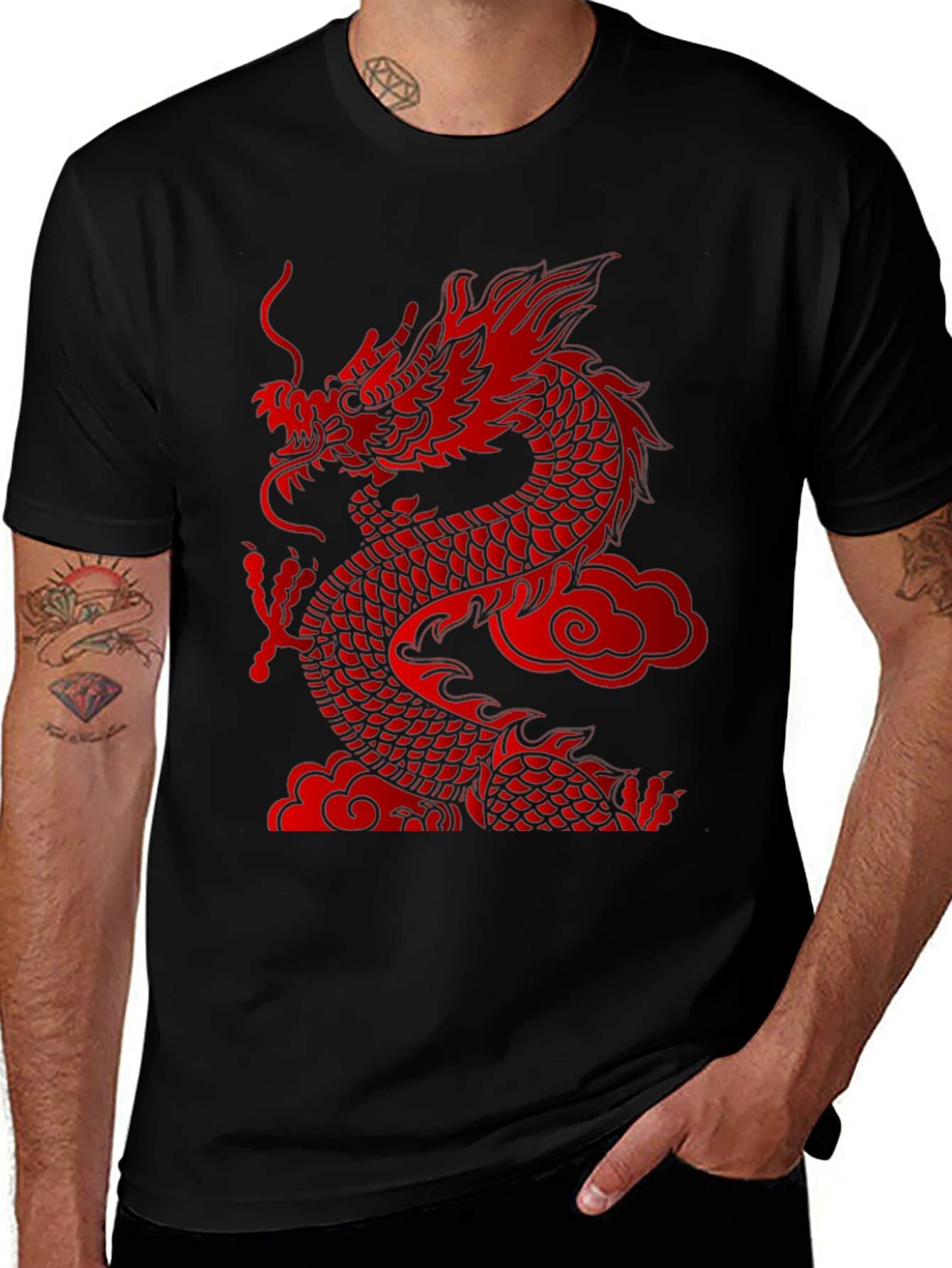 Bold Dragon Graphic Tee - Red Asian Dragon Print