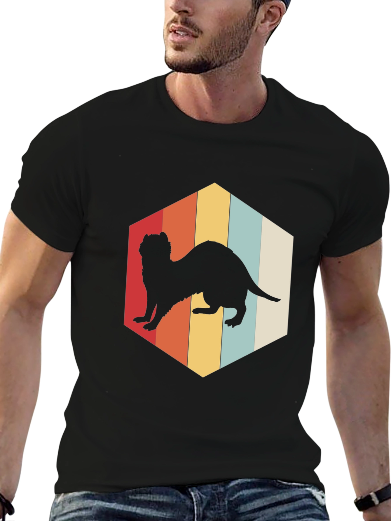 Retro Ferret T-Shirt Black Cotton Blend Casual Wear
