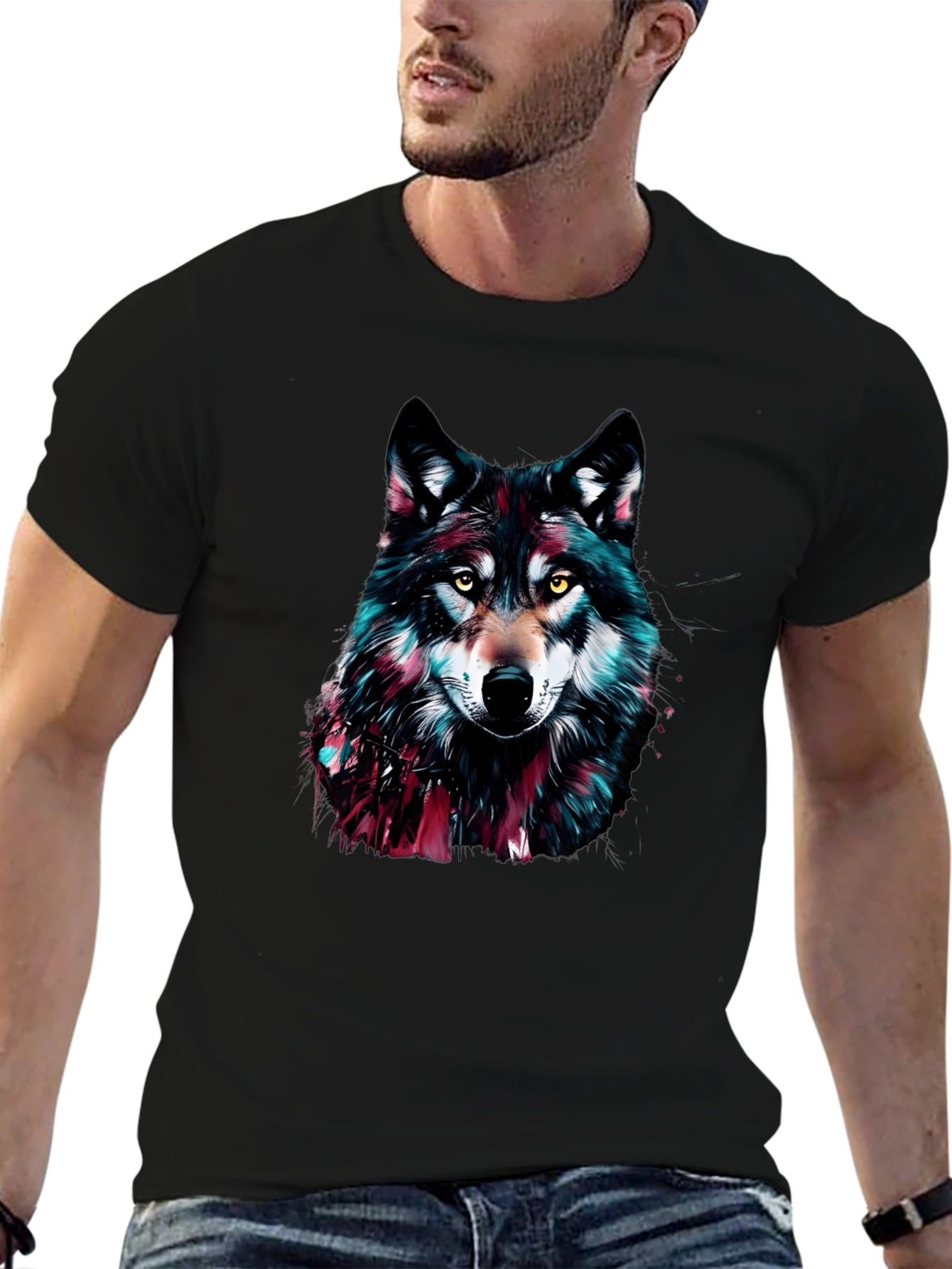 Wolf Graphic Print Crew Neck Mens T-Shirt