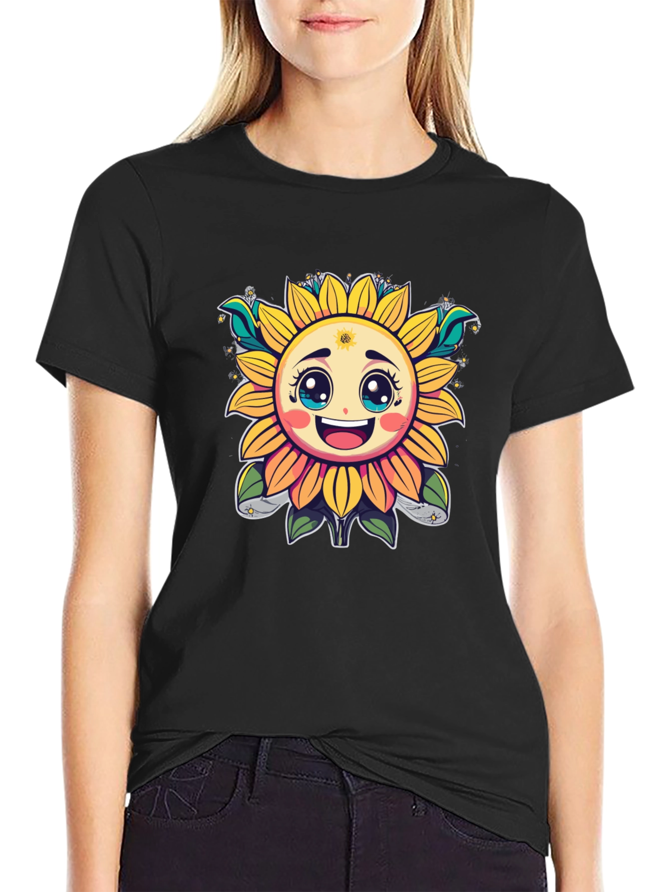 Happy Sunflower Graphic T-Shirt - Cheerful Black Tee