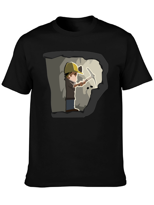 Miner Cartoon Graphic Tee - Black Cotton T-Shirt