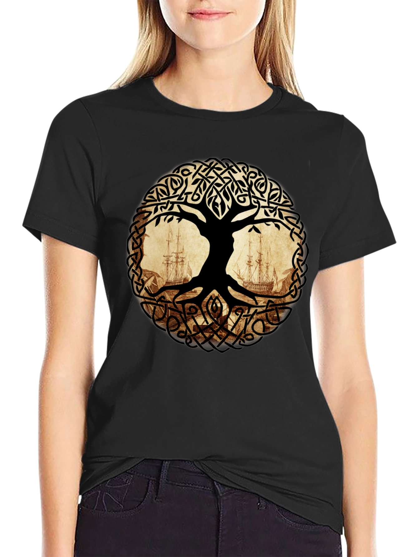 Celtic Tree of Life with Ships Black T-Shirt