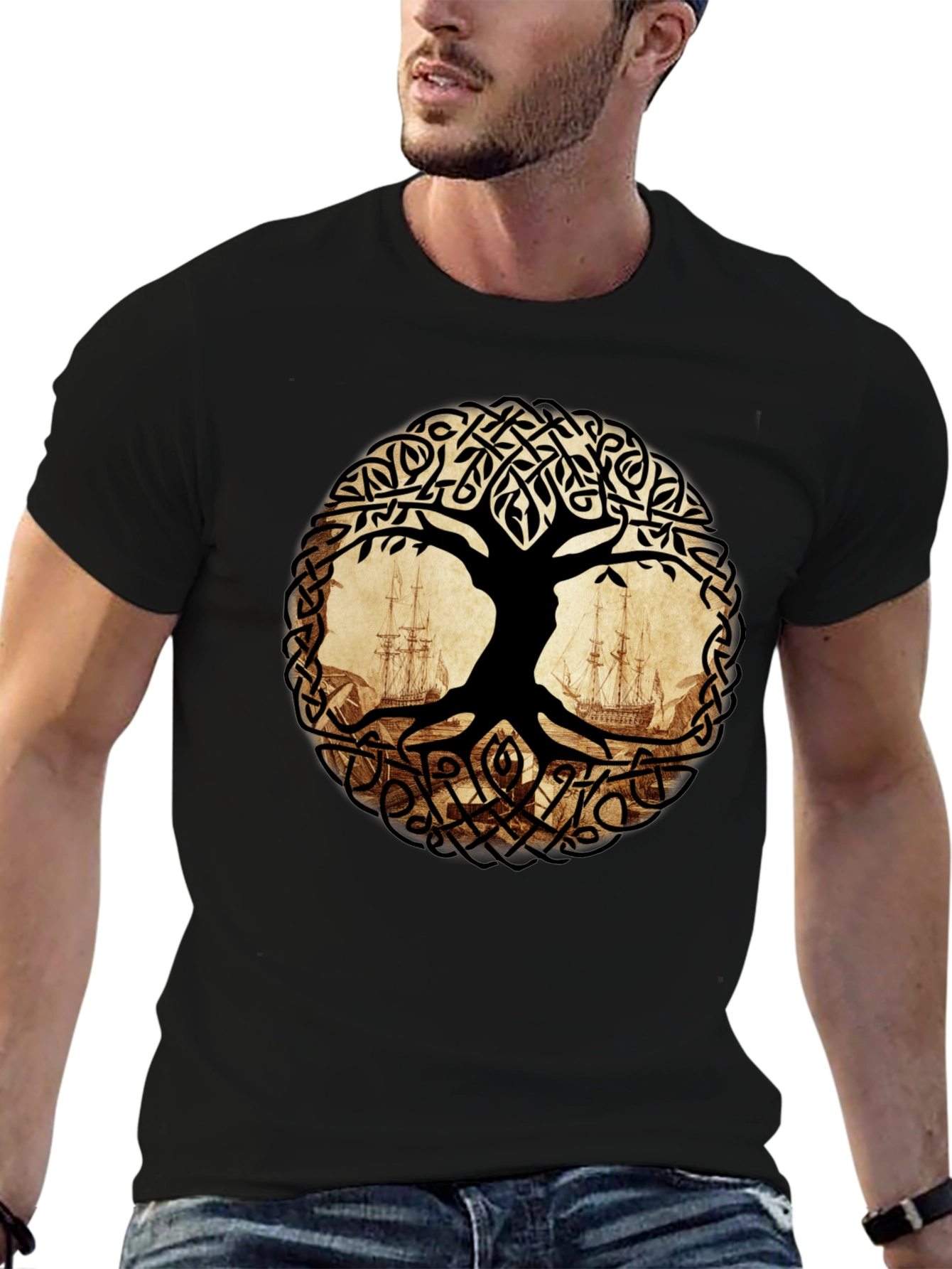 Celtic Tree of Life with Ships Black T-Shirt