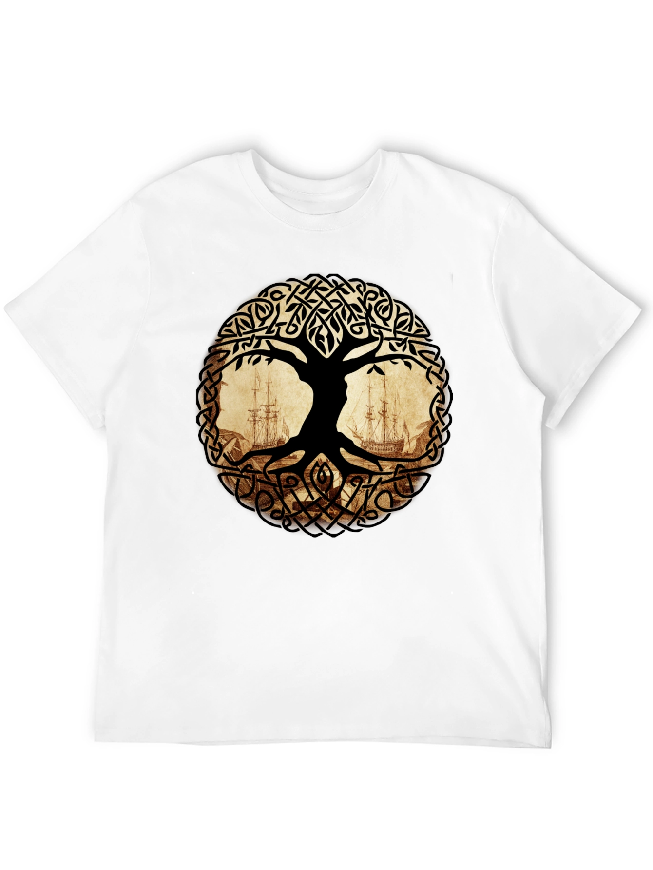 Celtic Tree of Life with Ships Black T-Shirt