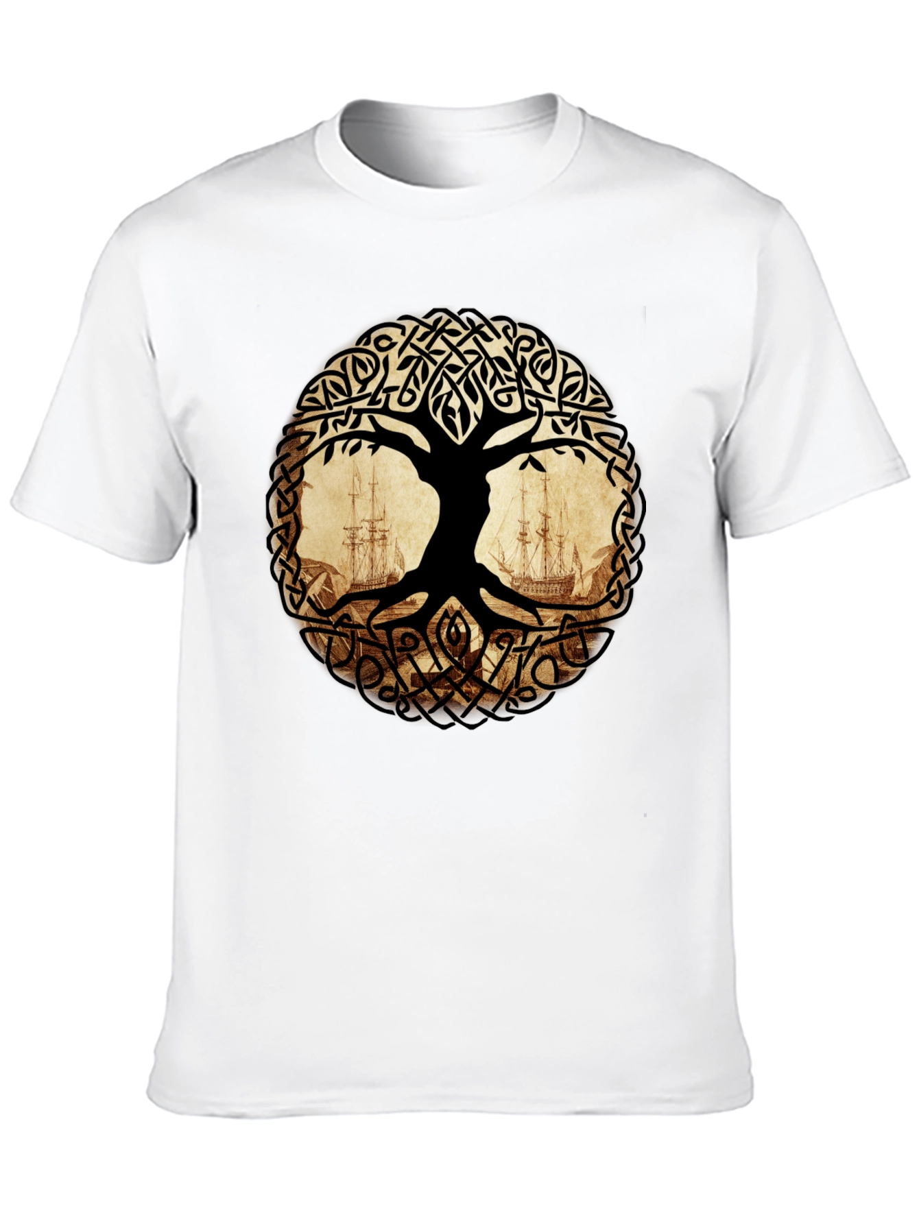 Celtic Tree of Life with Ships Black T-Shirt