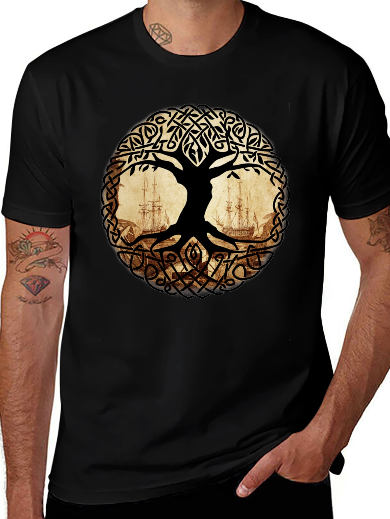 Celtic Tree of Life with Ships Black T-Shirt