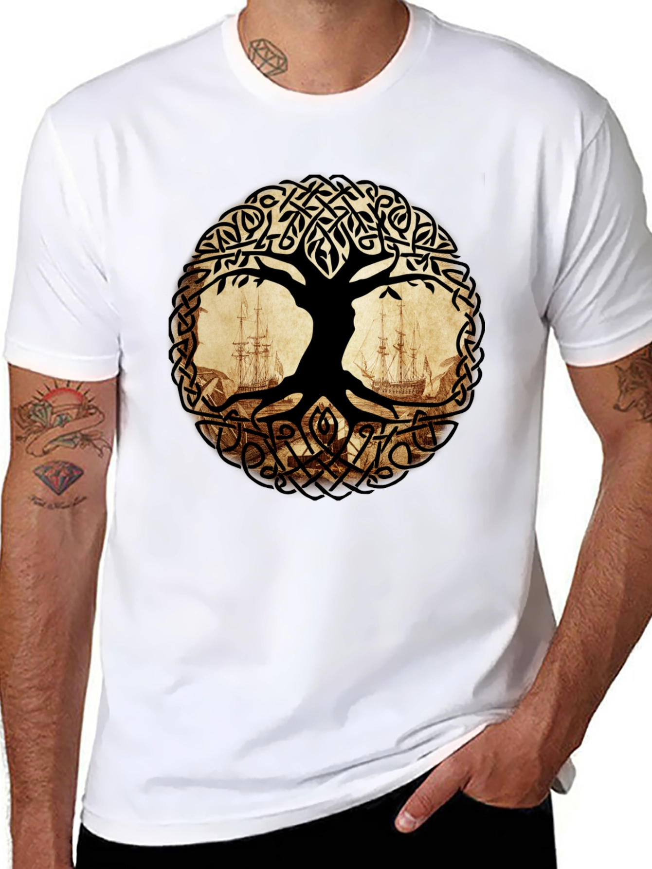 Celtic Tree of Life with Ships Black T-Shirt