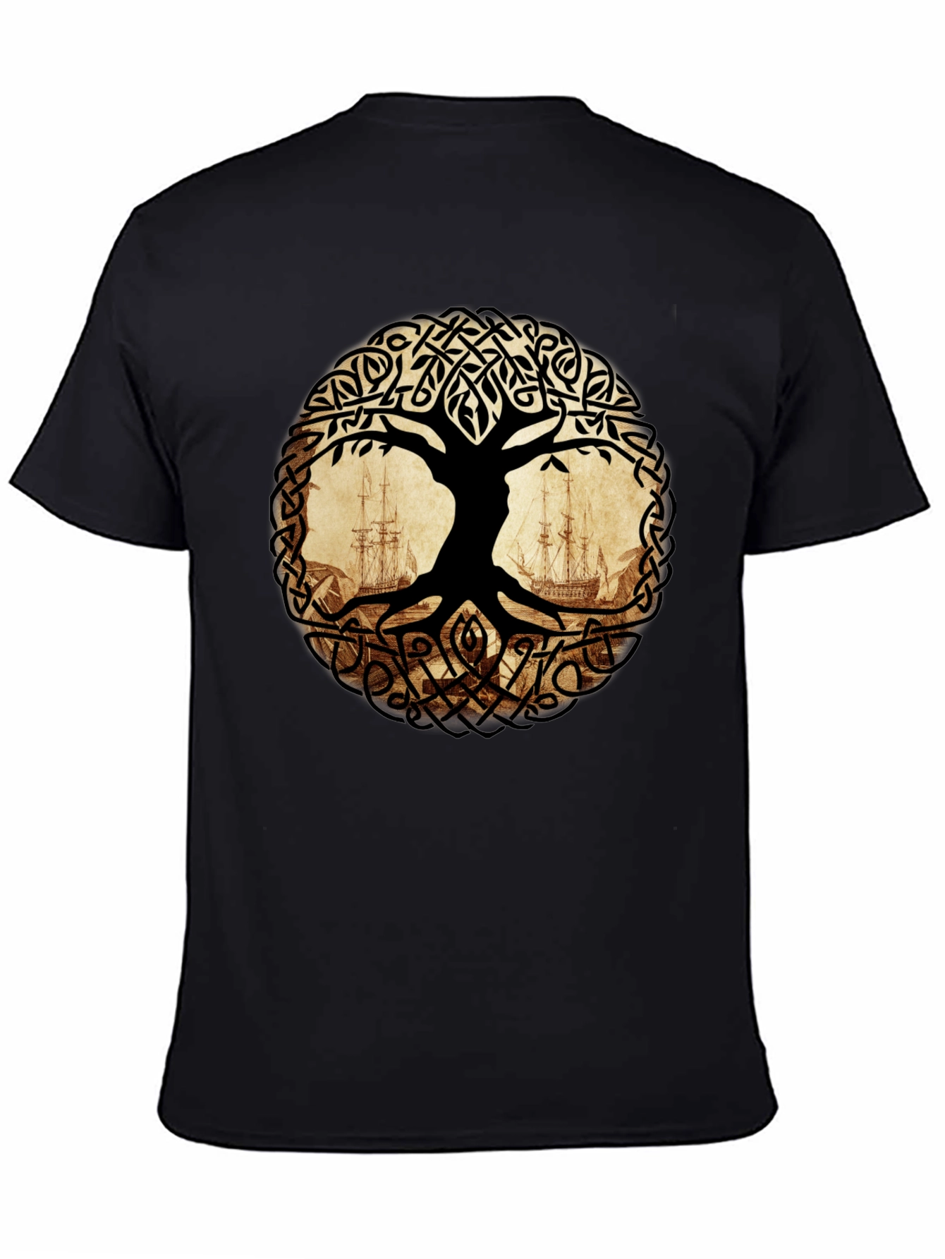 Celtic Tree of Life with Ships Black T-Shirt
