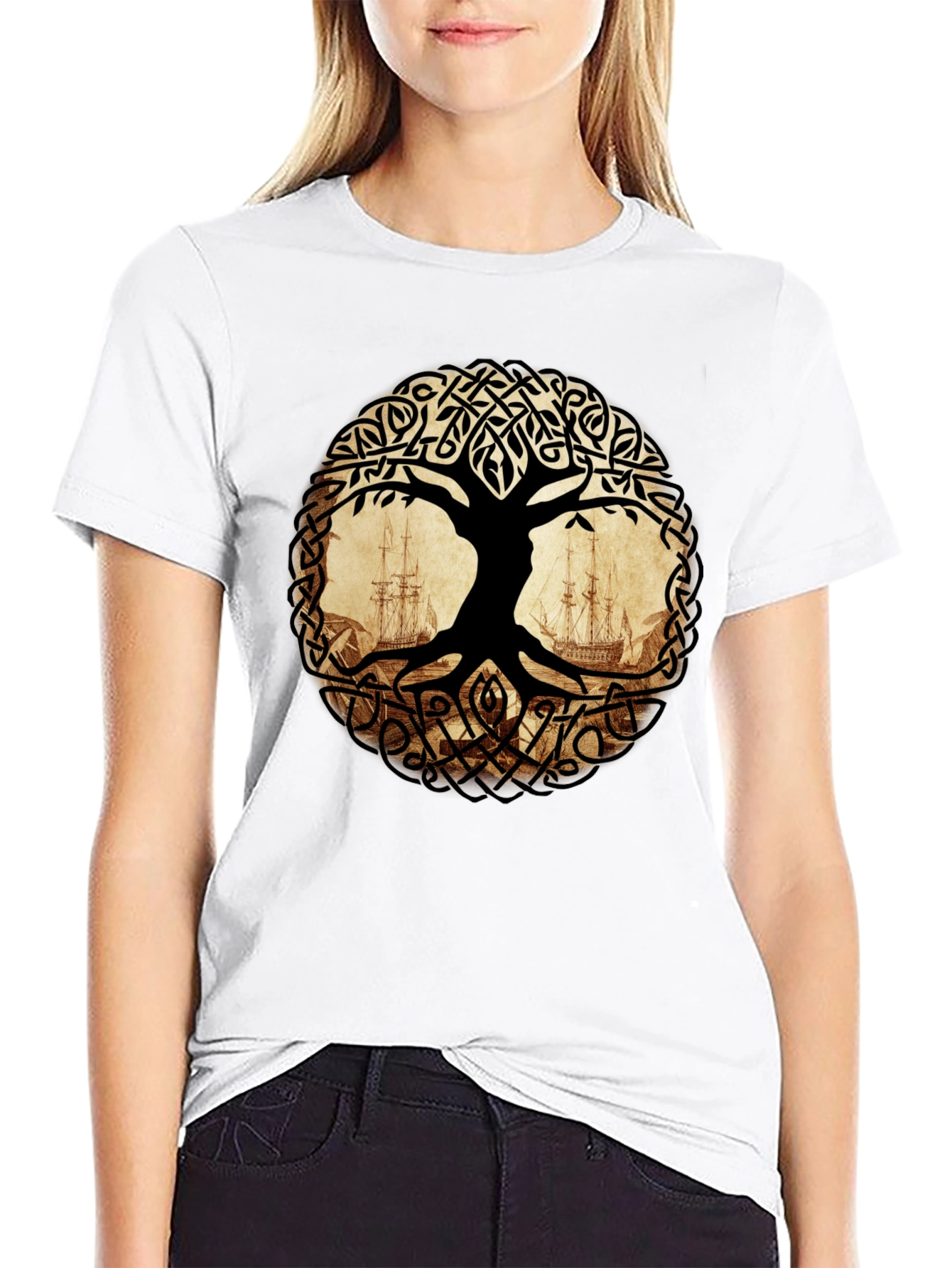 Celtic Tree of Life with Ships Black T-Shirt