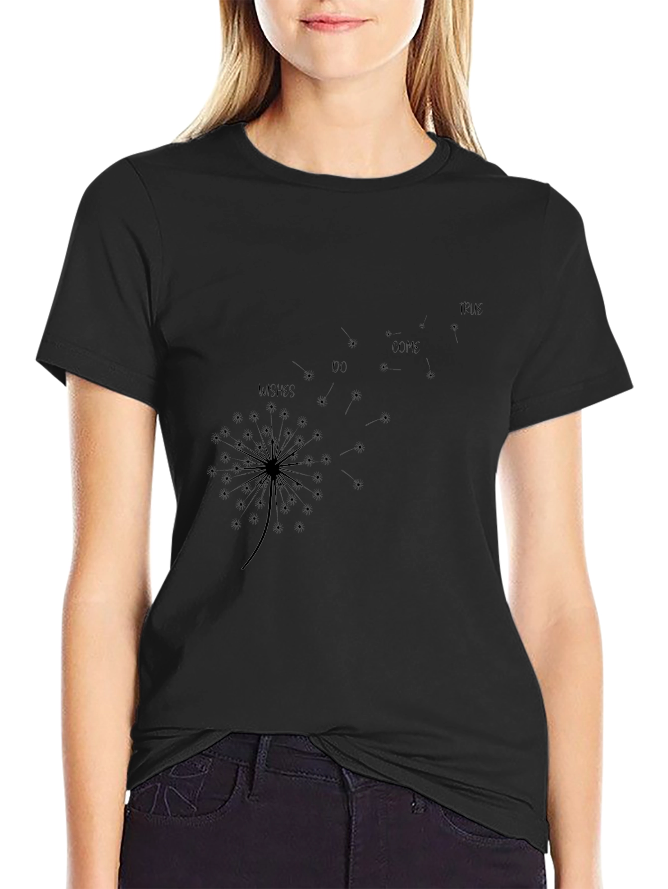Dandelion Wishes Graphic Tee - Black Cotton Casual T-Shirt
