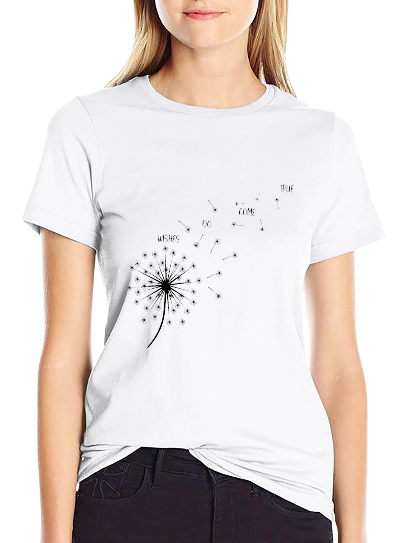 Dandelion Wishes Graphic Tee - Black Cotton Casual T-Shirt