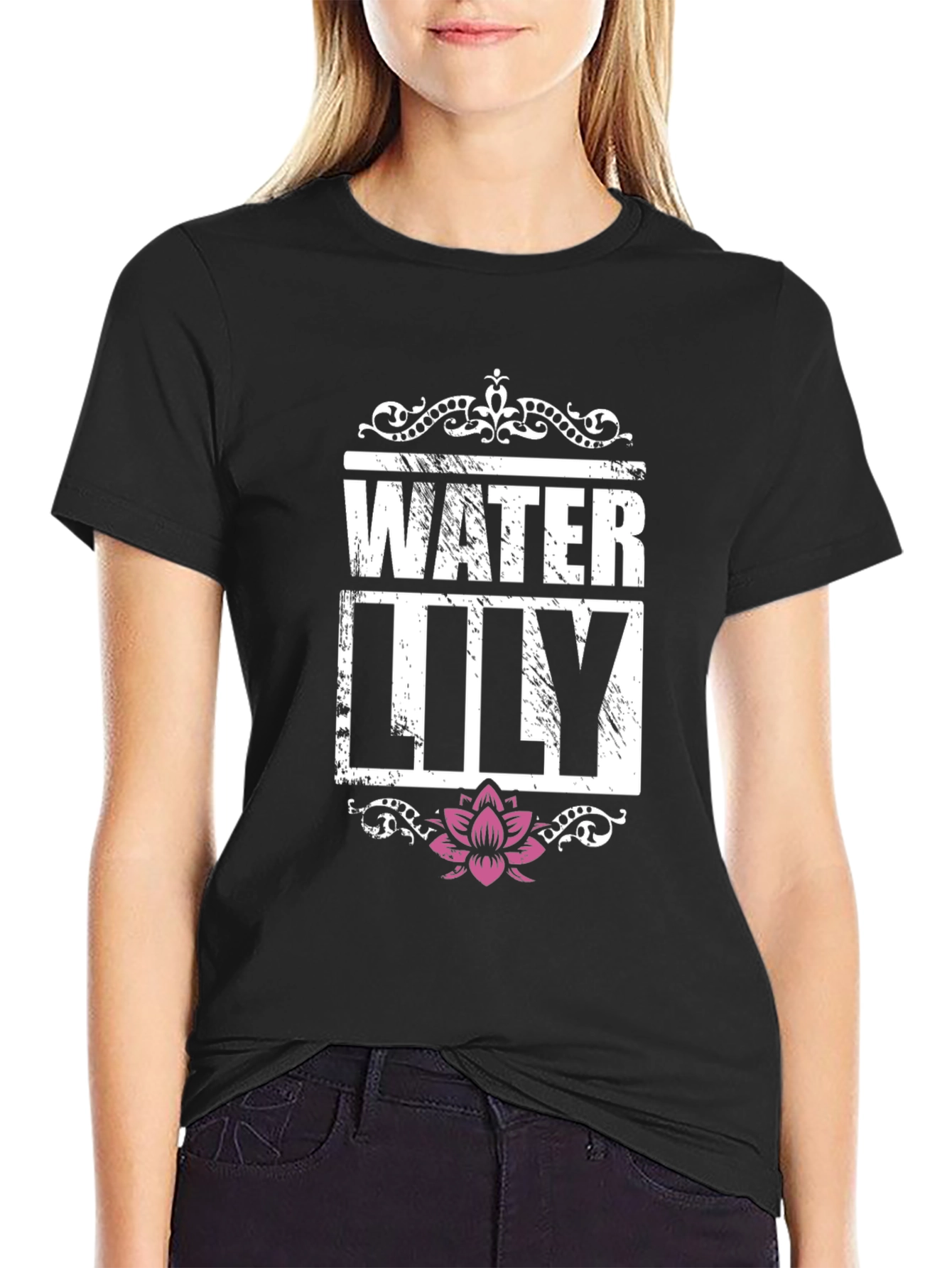 Water Lily Graphic T-Shirt Black Cotton Tee