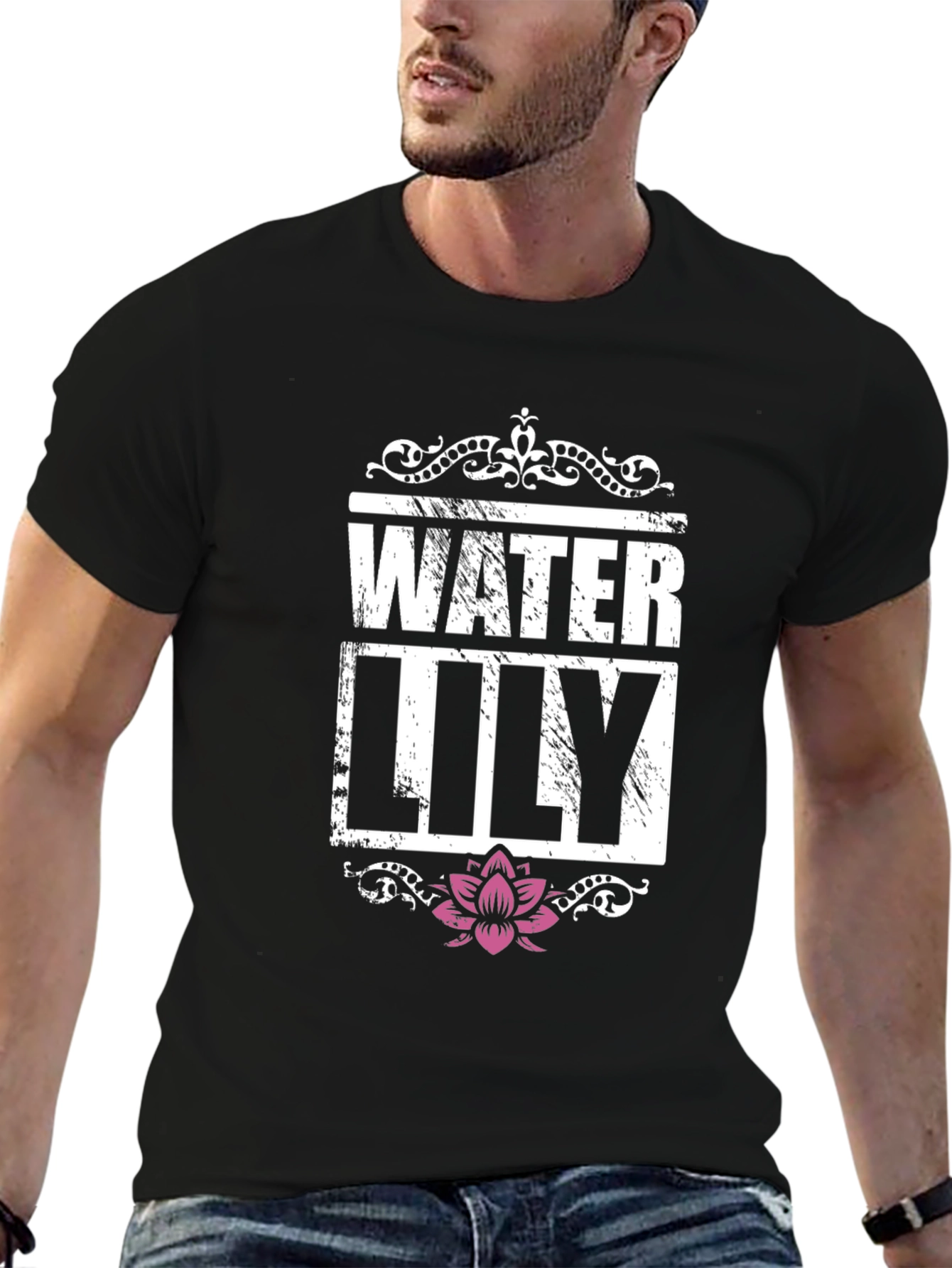 Water Lily Graphic T-Shirt Black Cotton Tee