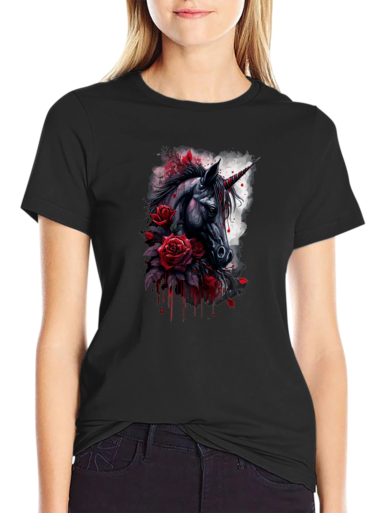 Unicorn & Roses Graphic Black T-Shirt
