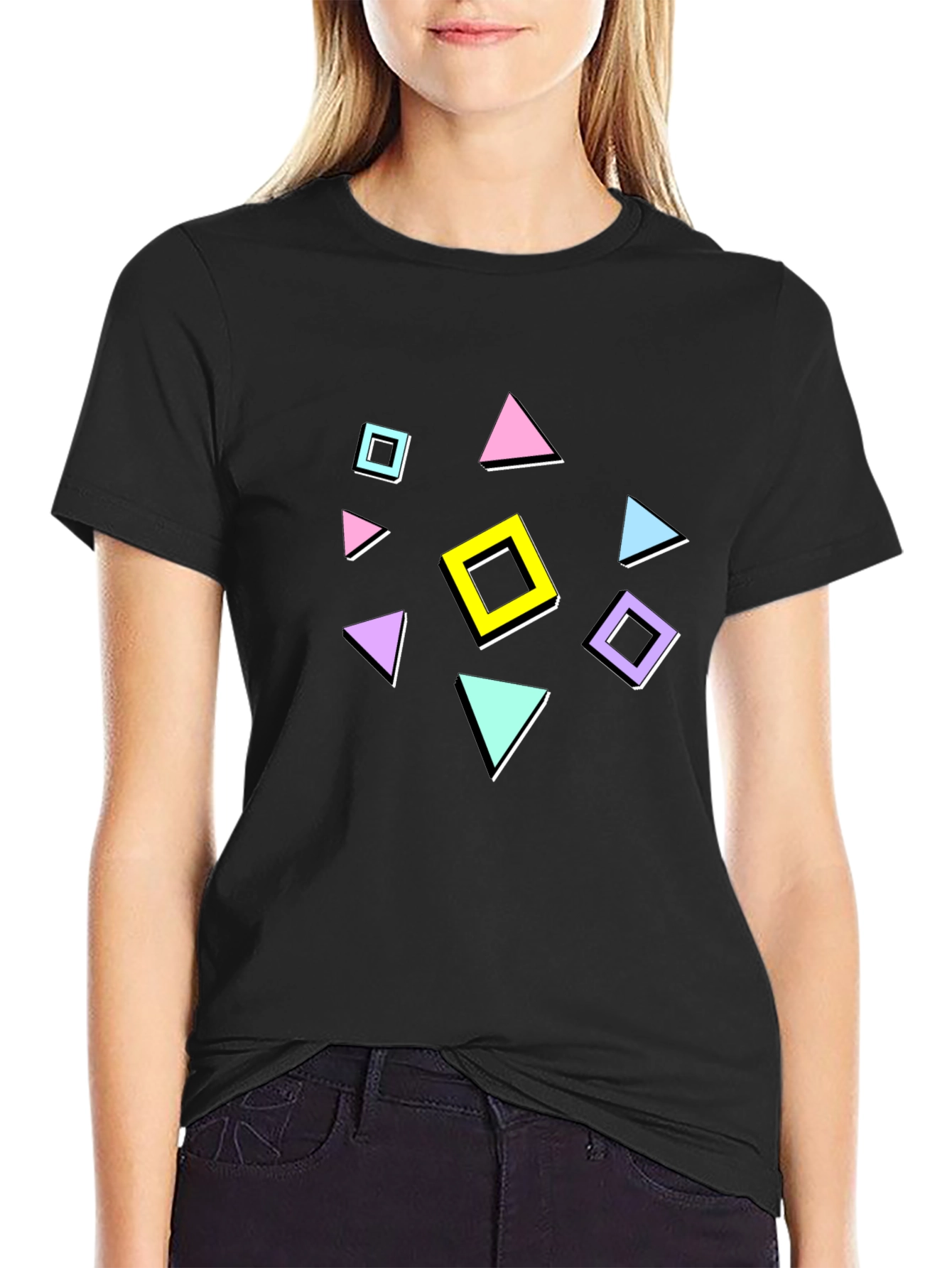 Retro Geometric Pattern T-Shirt - Black
