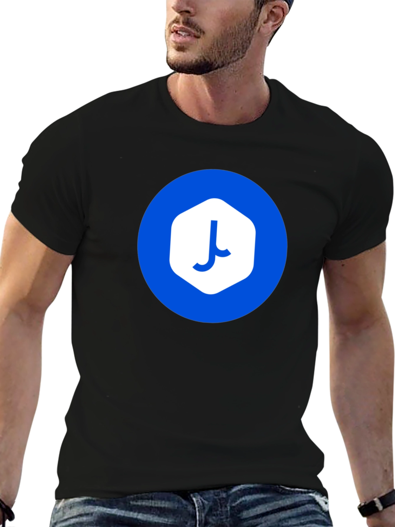 Modern Black T-Shirt with Abstract Blue Logo