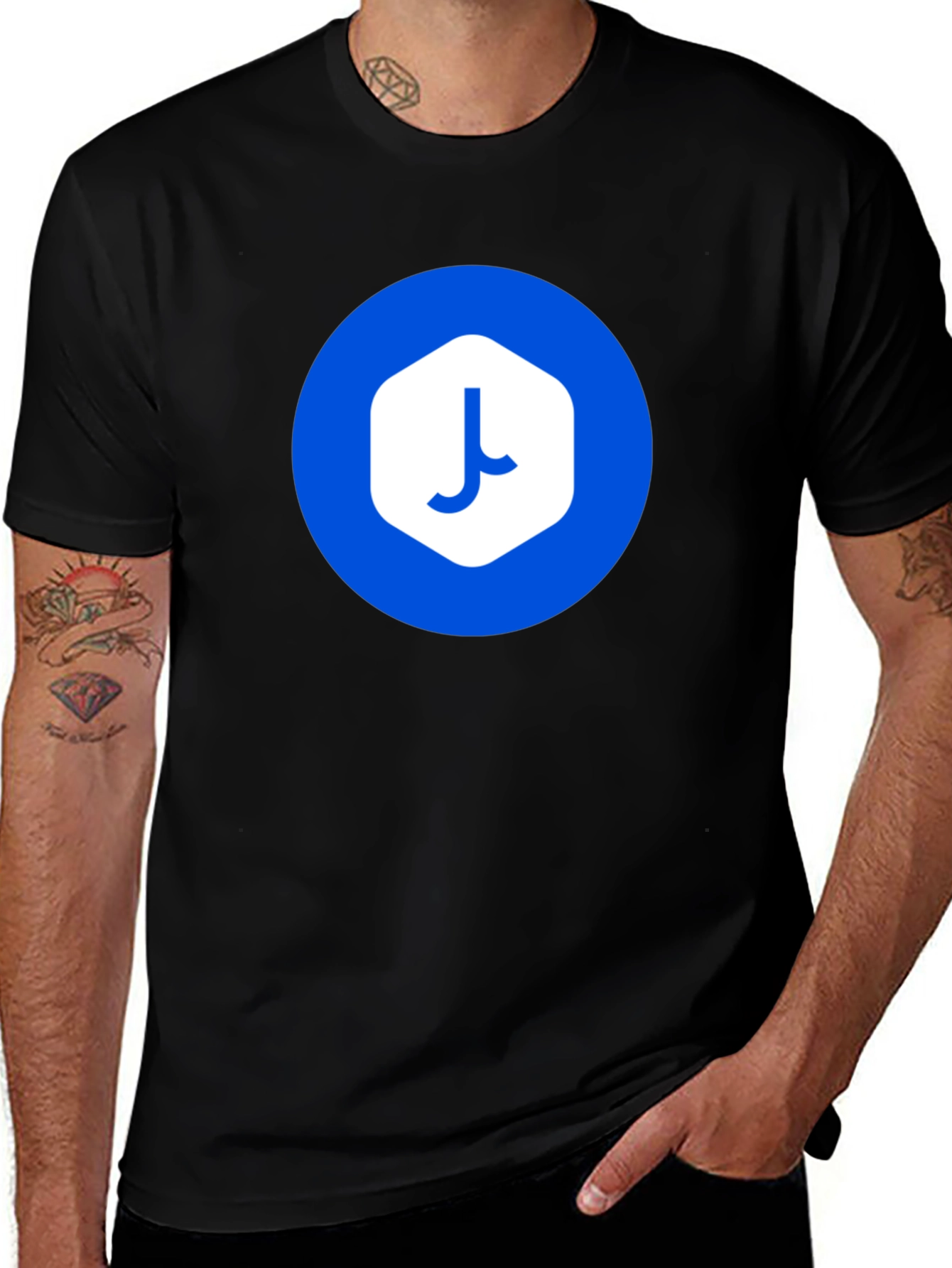 Modern Black T-Shirt with Abstract Blue Logo
