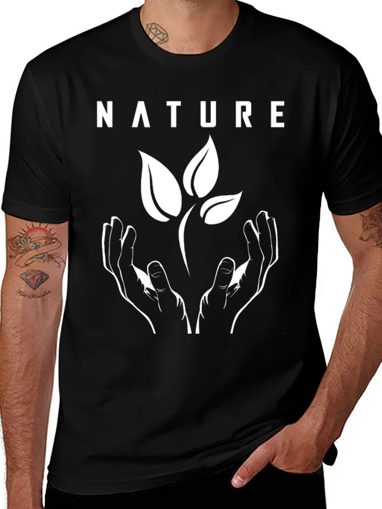 Nature T-Shirt - Hands Holding Plant - Black