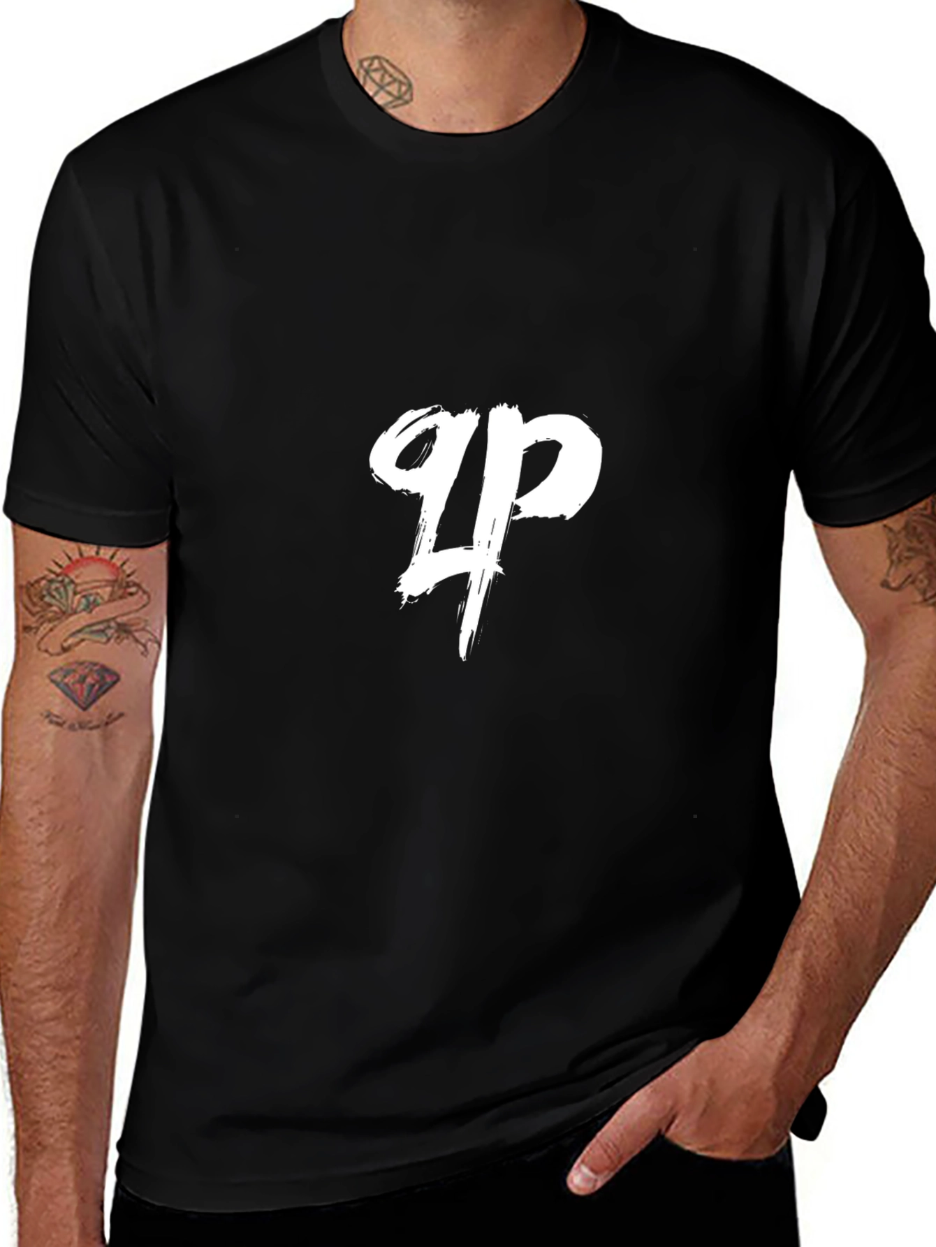 Black T-Shirt with White Brush Stroke Logo
