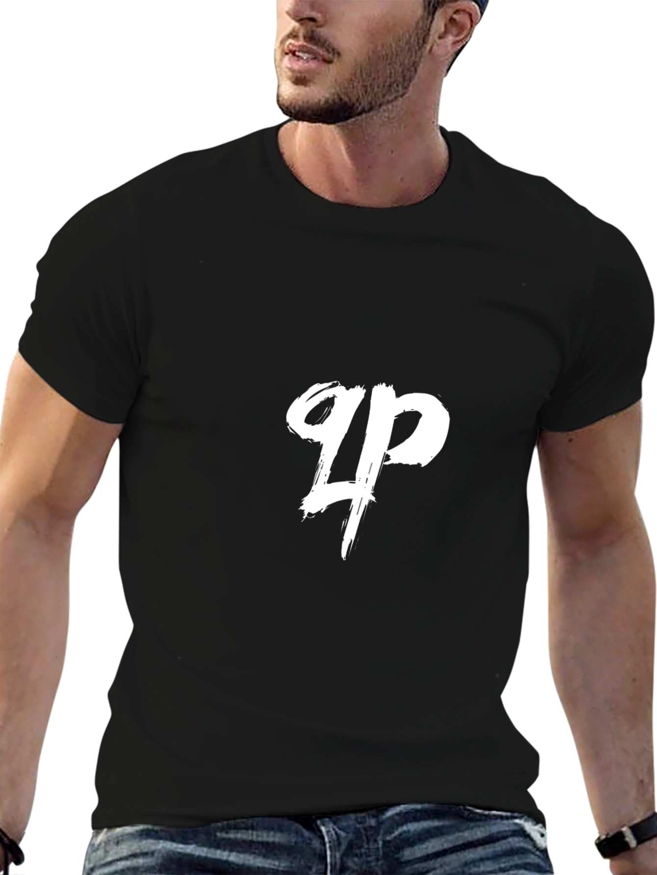 Black T-Shirt with White Brush Stroke Logo