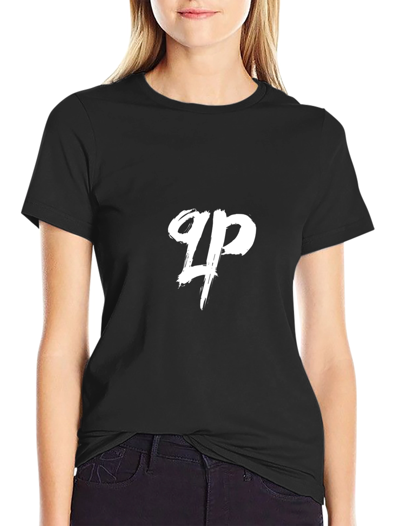 Black T-Shirt with White Brush Stroke Logo
