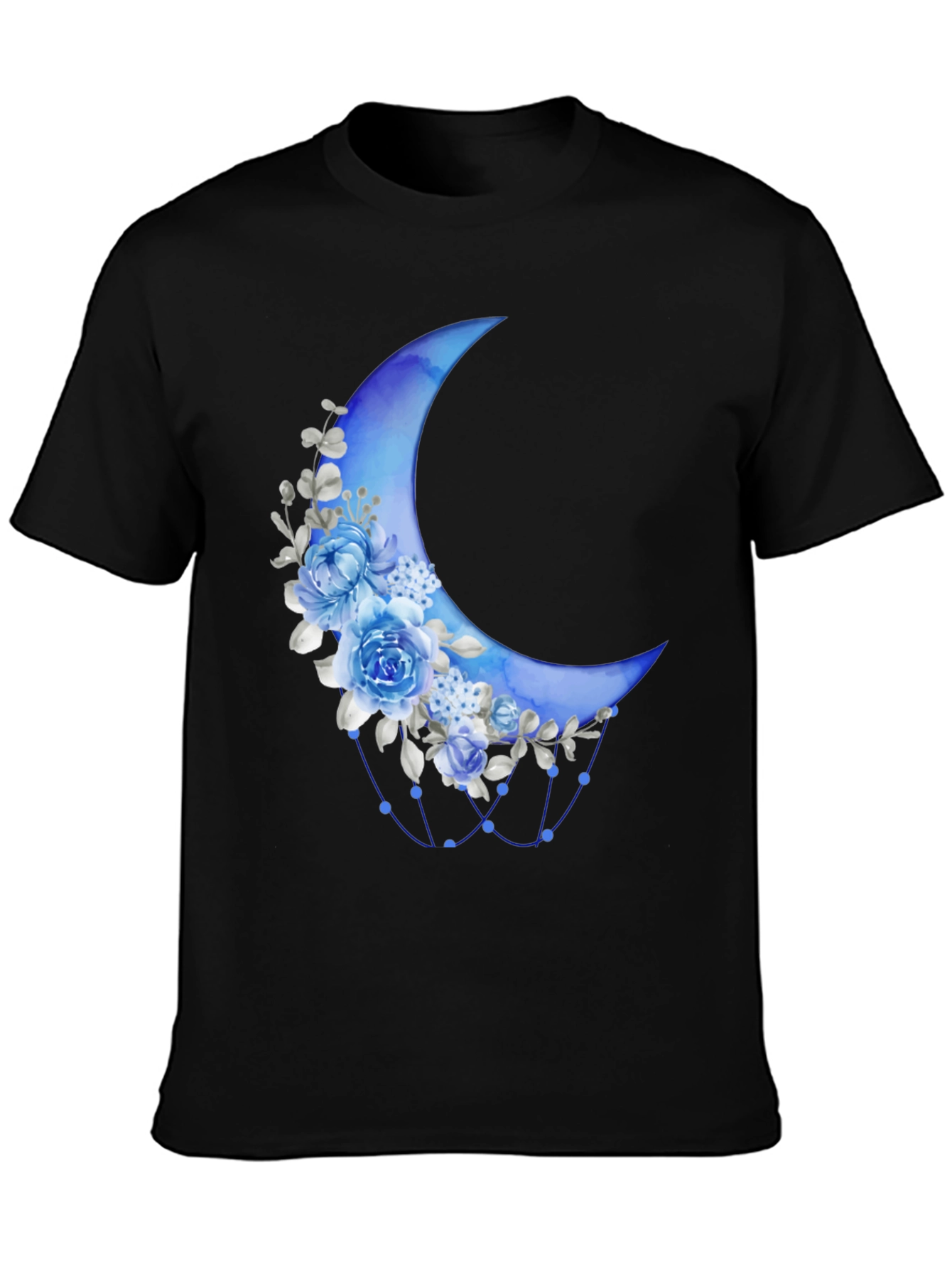 Floral Crescent Moon Black T-Shirt