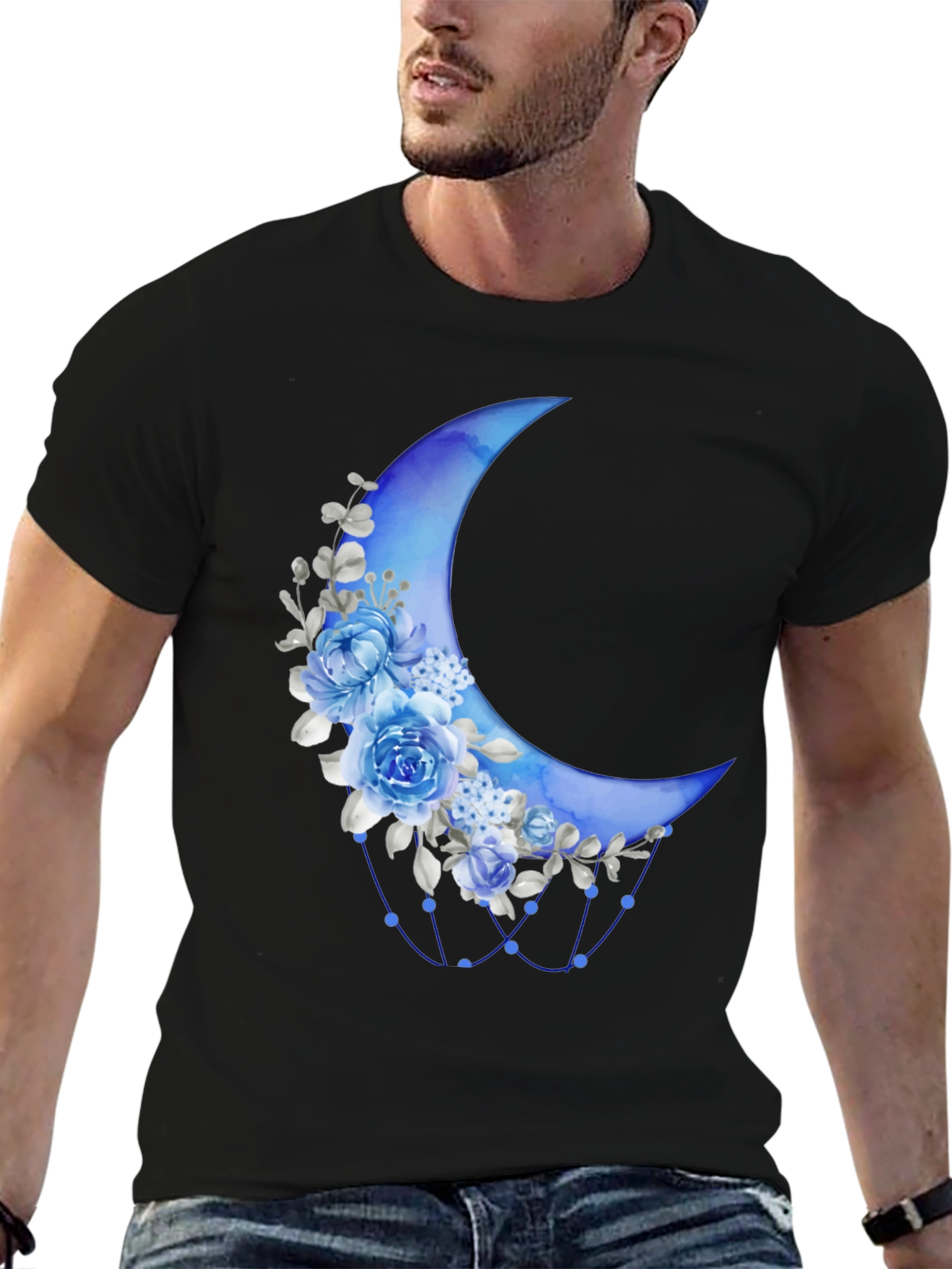 Floral Crescent Moon Black T-Shirt