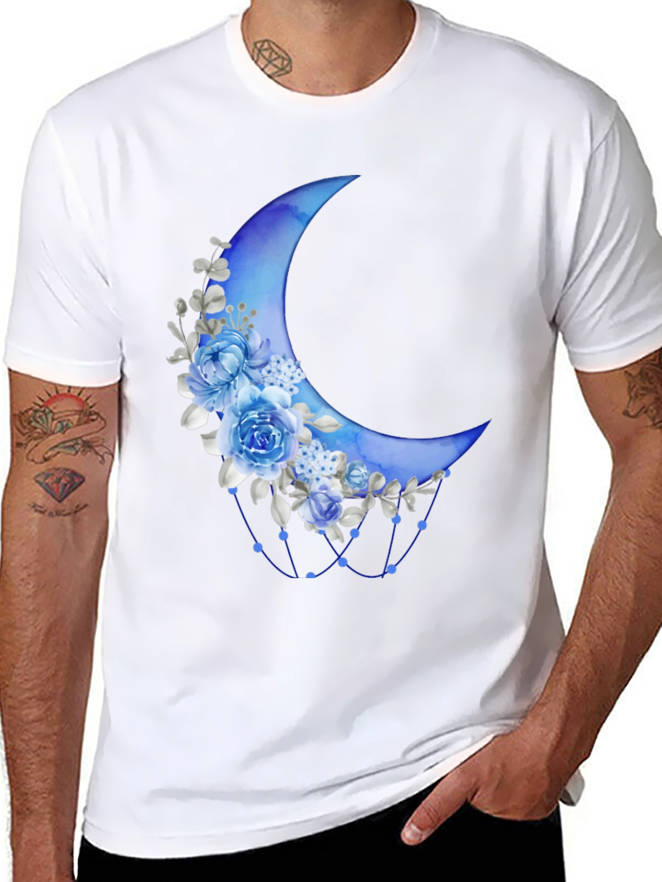 Floral Crescent Moon Black T-Shirt