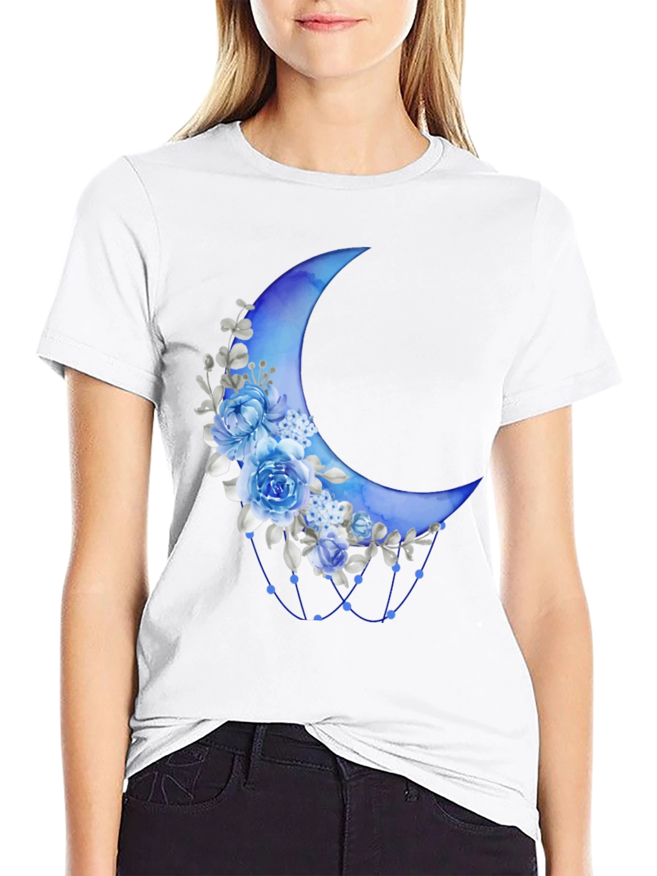 Floral Crescent Moon Black T-Shirt