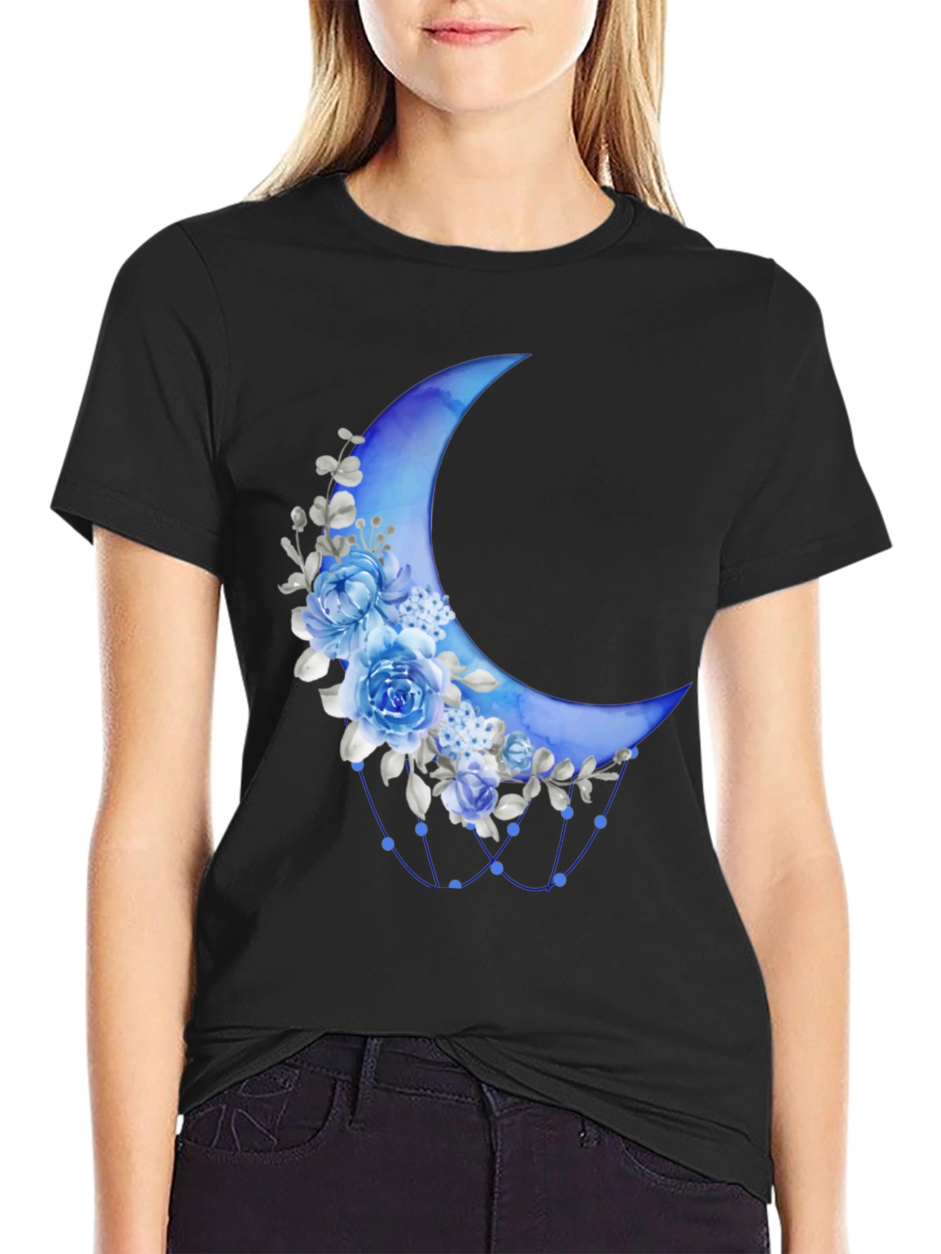 Floral Crescent Moon Black T-Shirt
