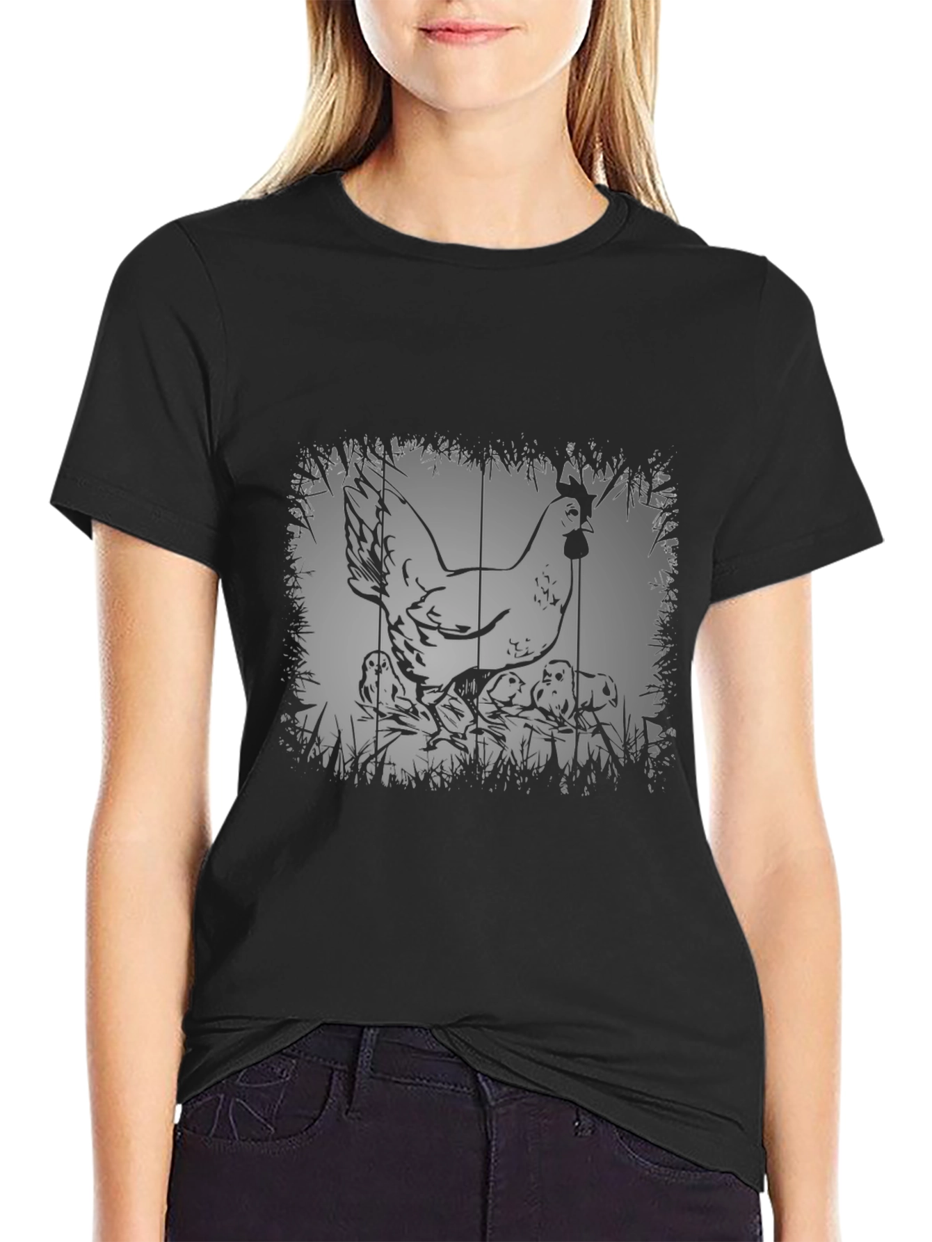 Chicken and Chicks Graphic Tee - Black Cotton T-Shirt