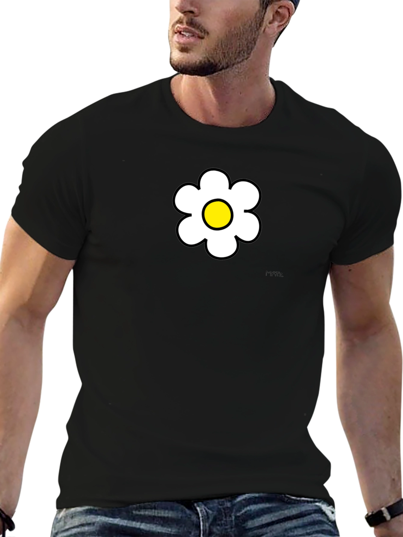 Daisy Flower Graphic Tee - Black Cotton Casual Shirt