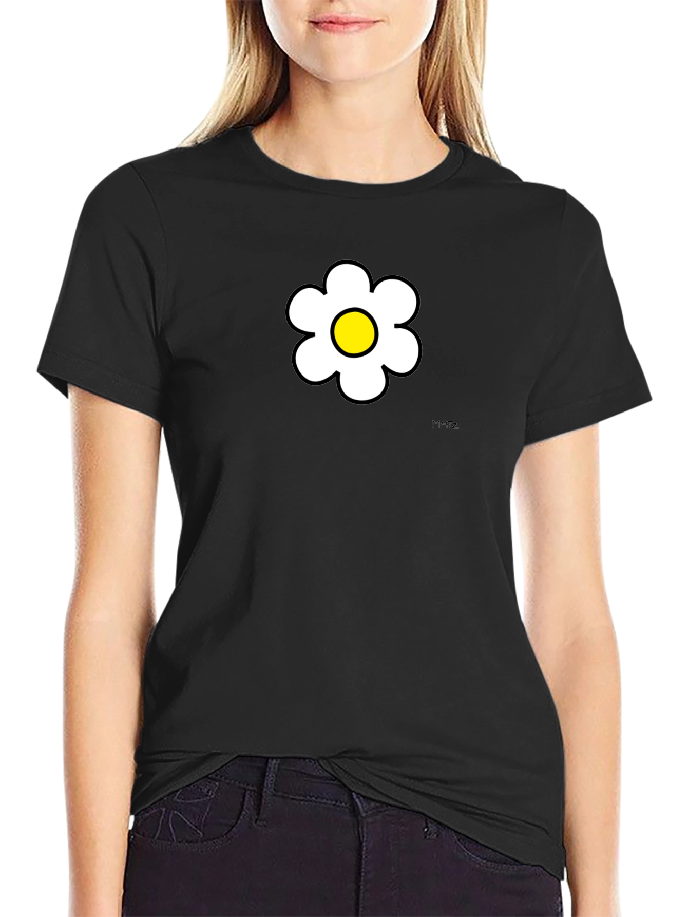 Daisy Flower Graphic Tee - Black Cotton Casual Shirt