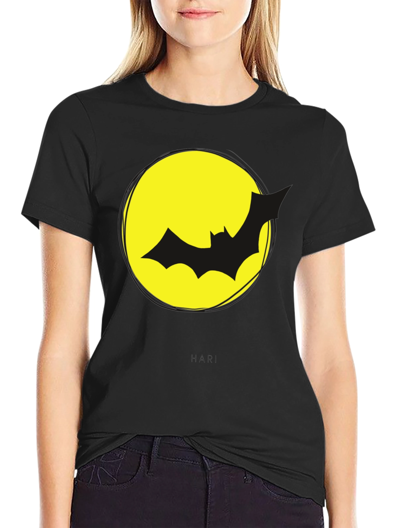 Bat Silhouette on Yellow Moon Graphic Tee - Black