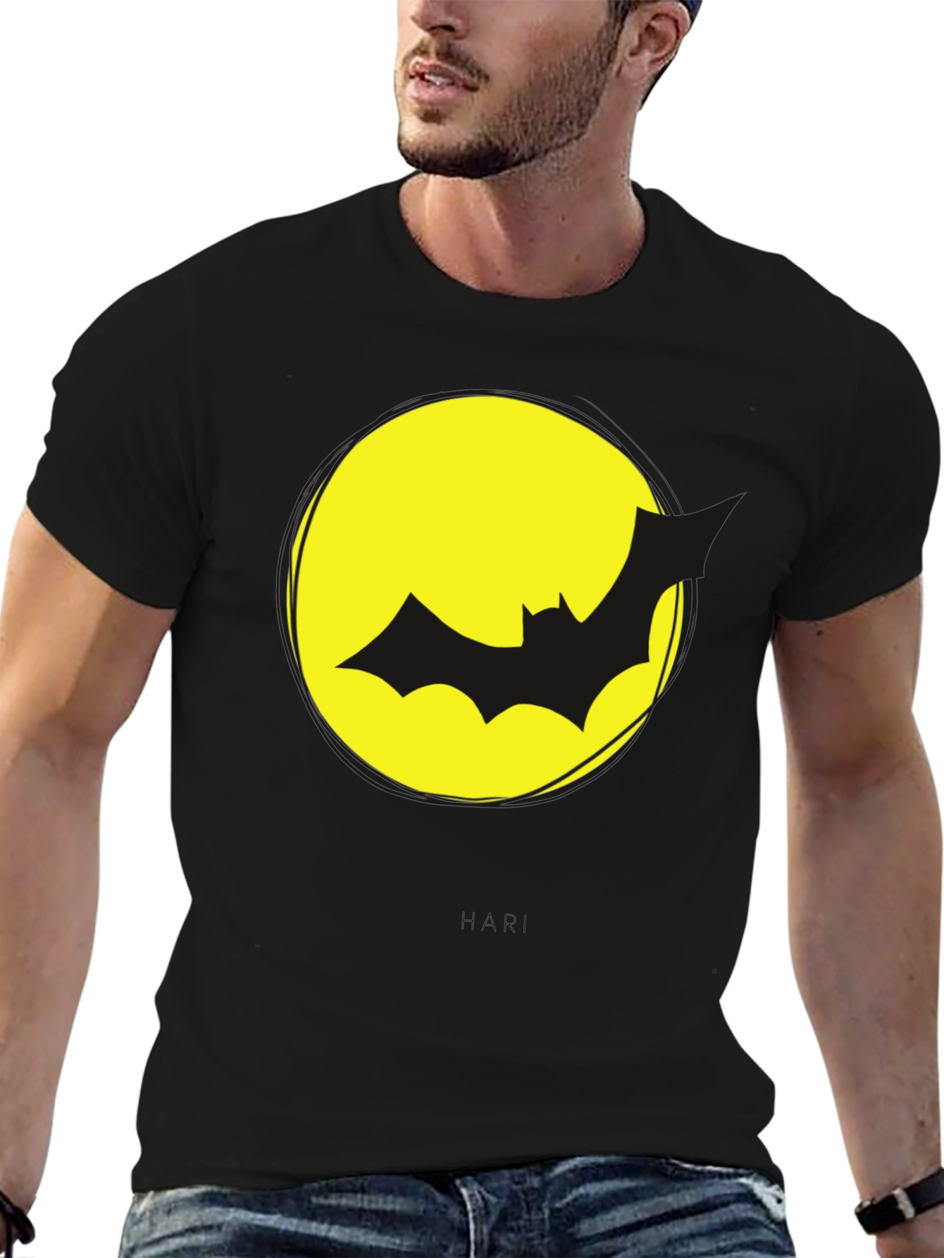 Bat Silhouette on Yellow Moon Graphic Tee - Black