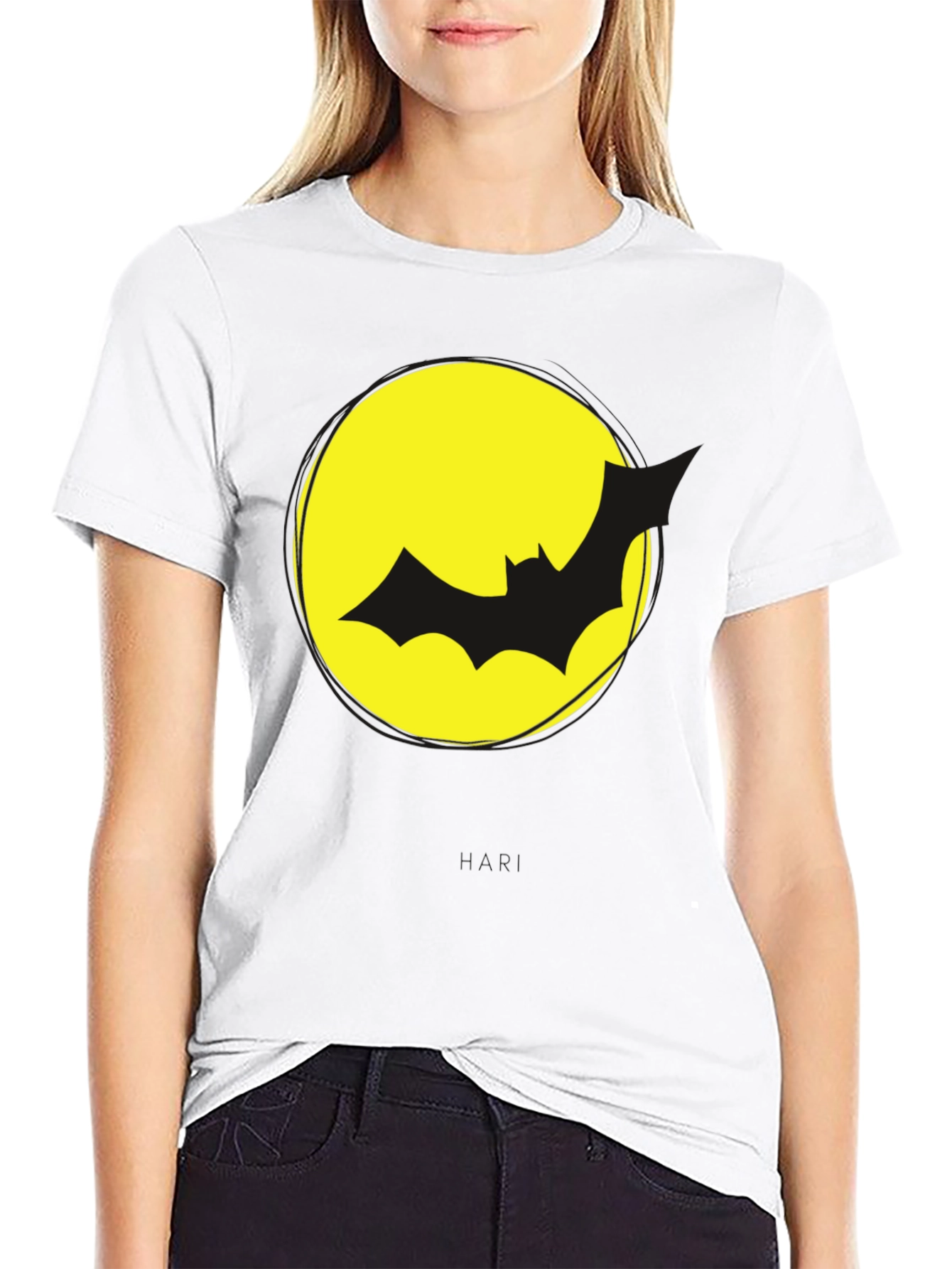 Bat Silhouette on Yellow Moon Graphic Tee - Black