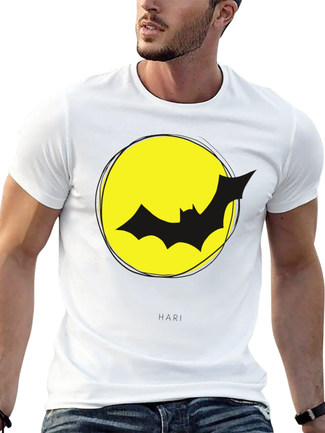 Bat Silhouette on Yellow Moon Graphic Tee - Black